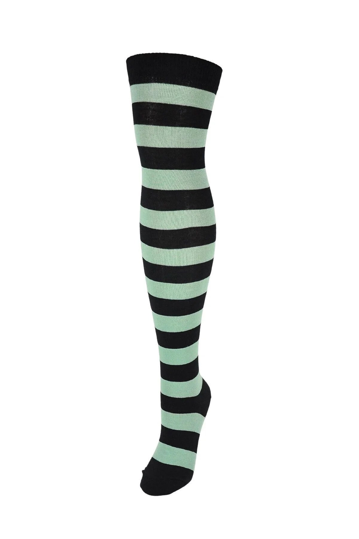 Diz Üstü Kadın Çorabı Siyah-Yeşil Çizgili - 36-40 Numara - %70 Pamuk | Design Socks