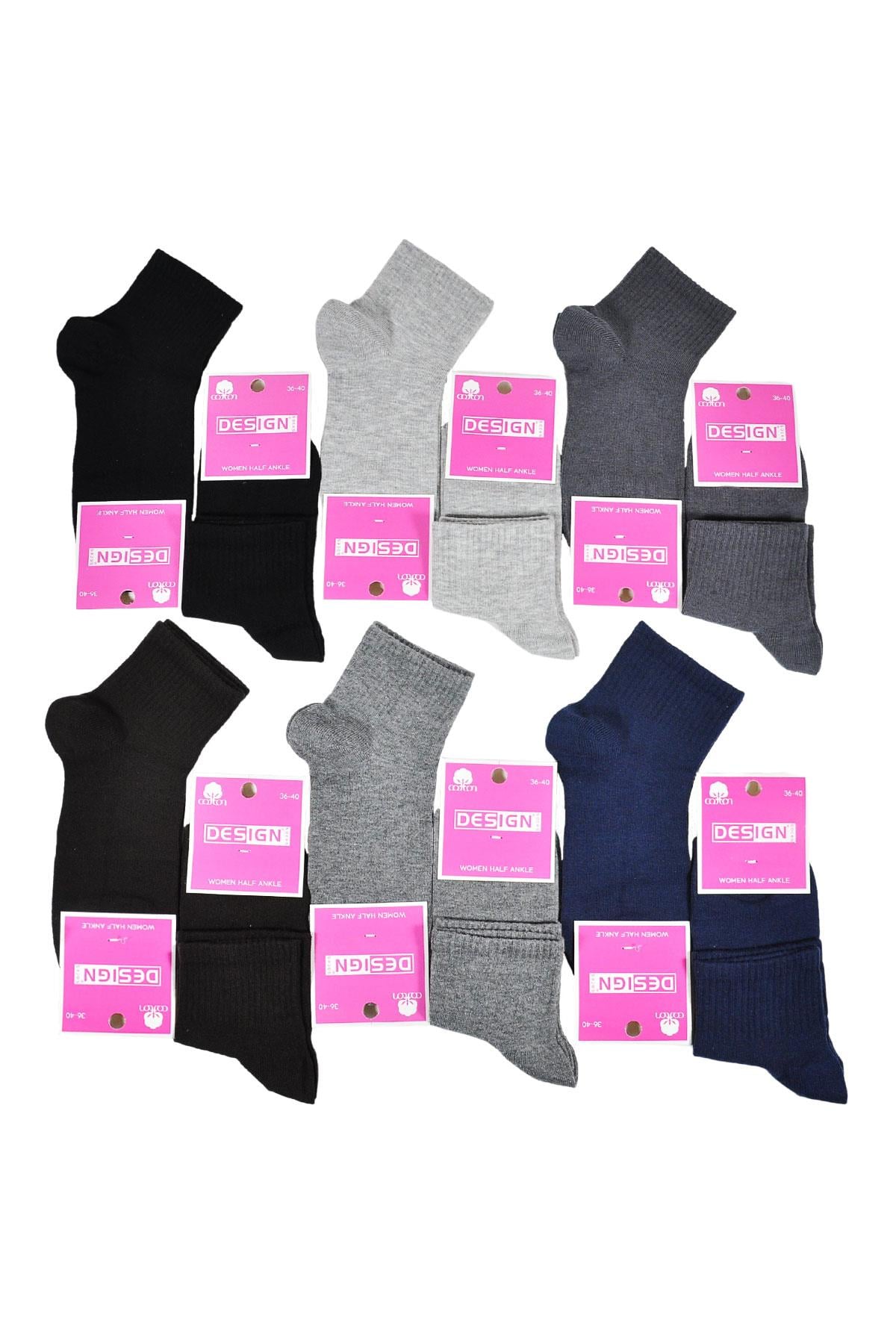 Düz Yarım Konç Kadın Çorabı - Koyu Asorti - 36-40 Numara - %70 Pamuk | Design Socks