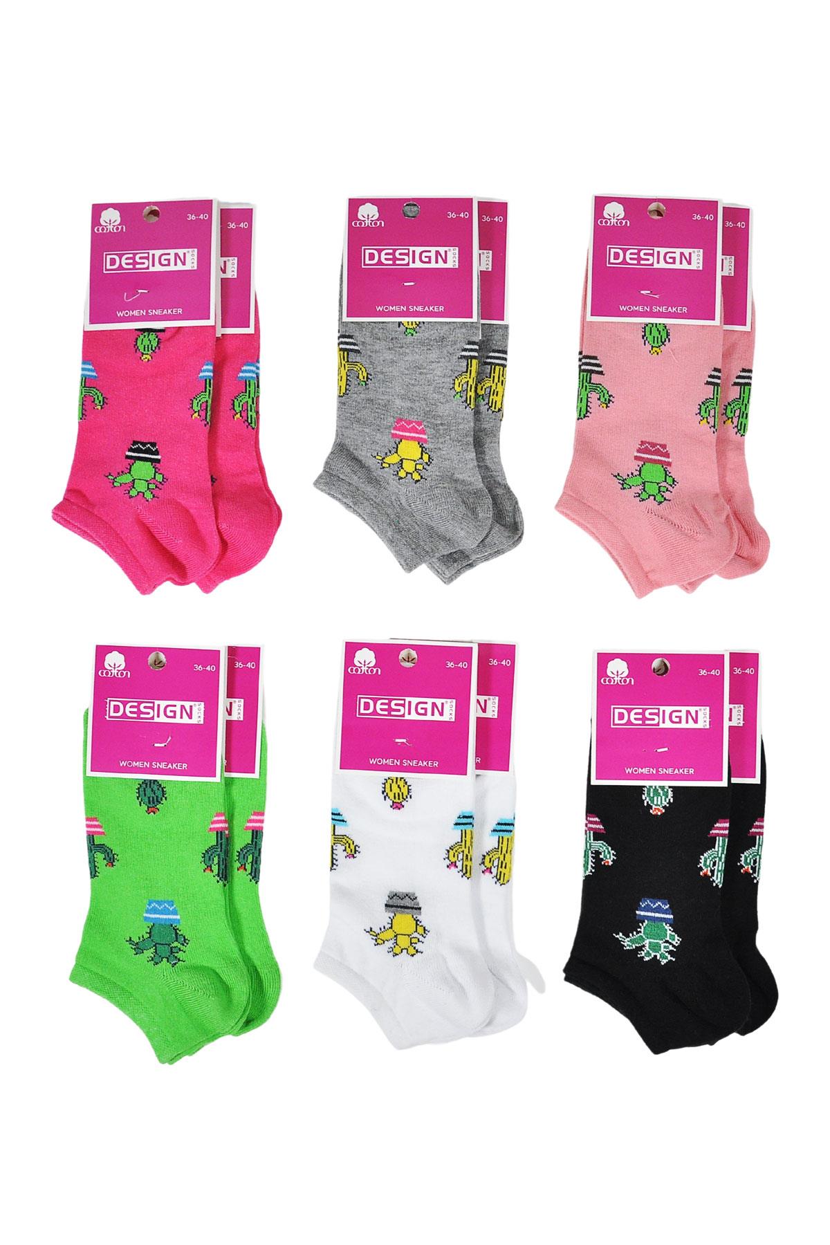Kaktüs Desenli Patik Kadın Çorabı - Asorti - 36-40 Numara - %70 Pamuk | Design Socks