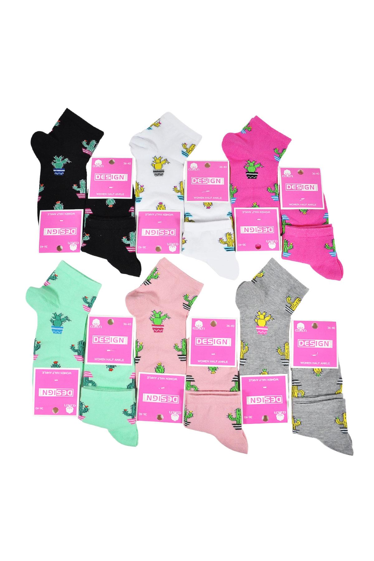 Kaktüs Desenli Yarım Konç Kadın Çorabı - Asorti - 36-40 Numara - %70 Pamuk | Design Socks