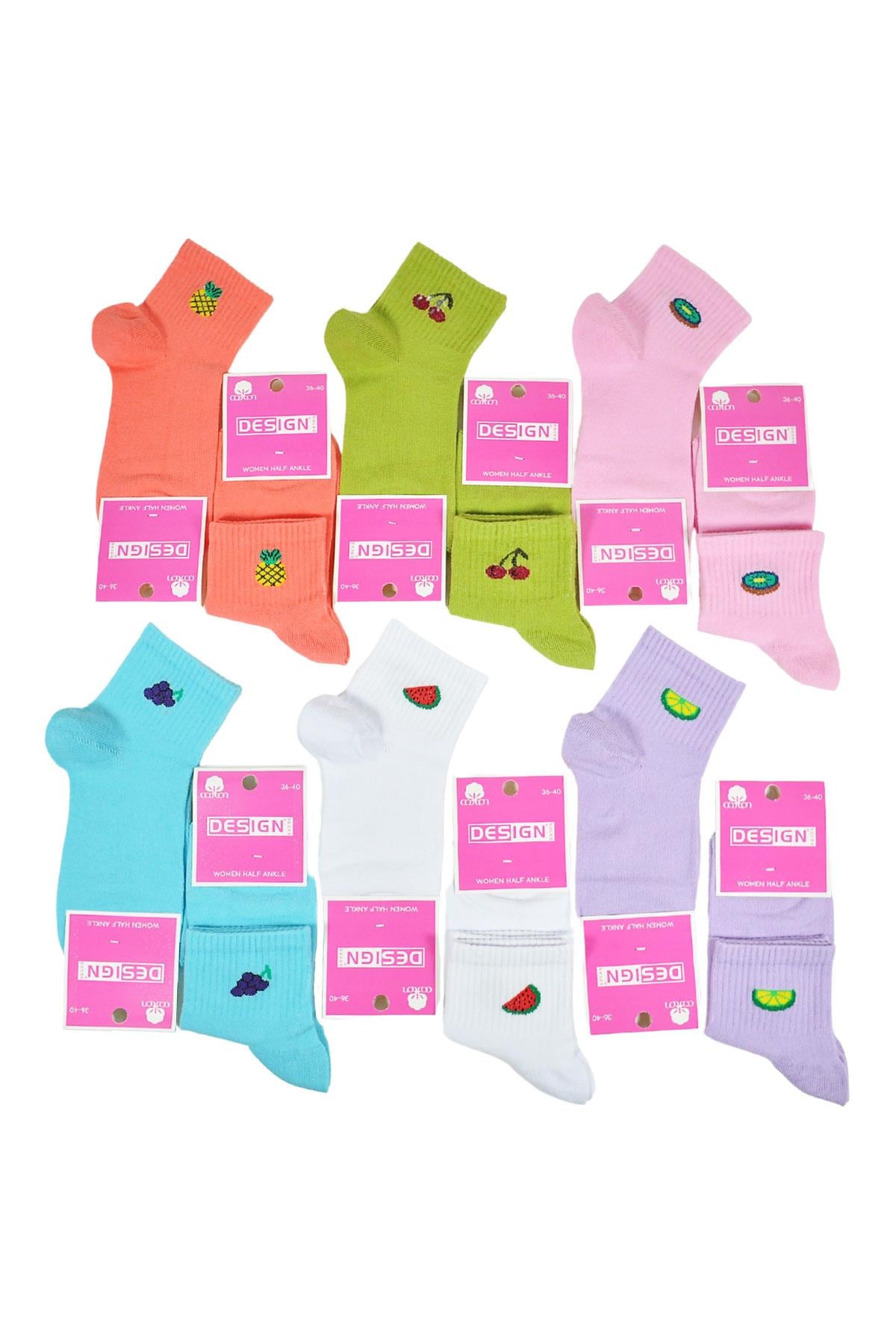 Meyve Desenli Yarım Konç Kadın Çorabı - Asorti - 36-40 Numara - %70 Pamuk | Design Socks