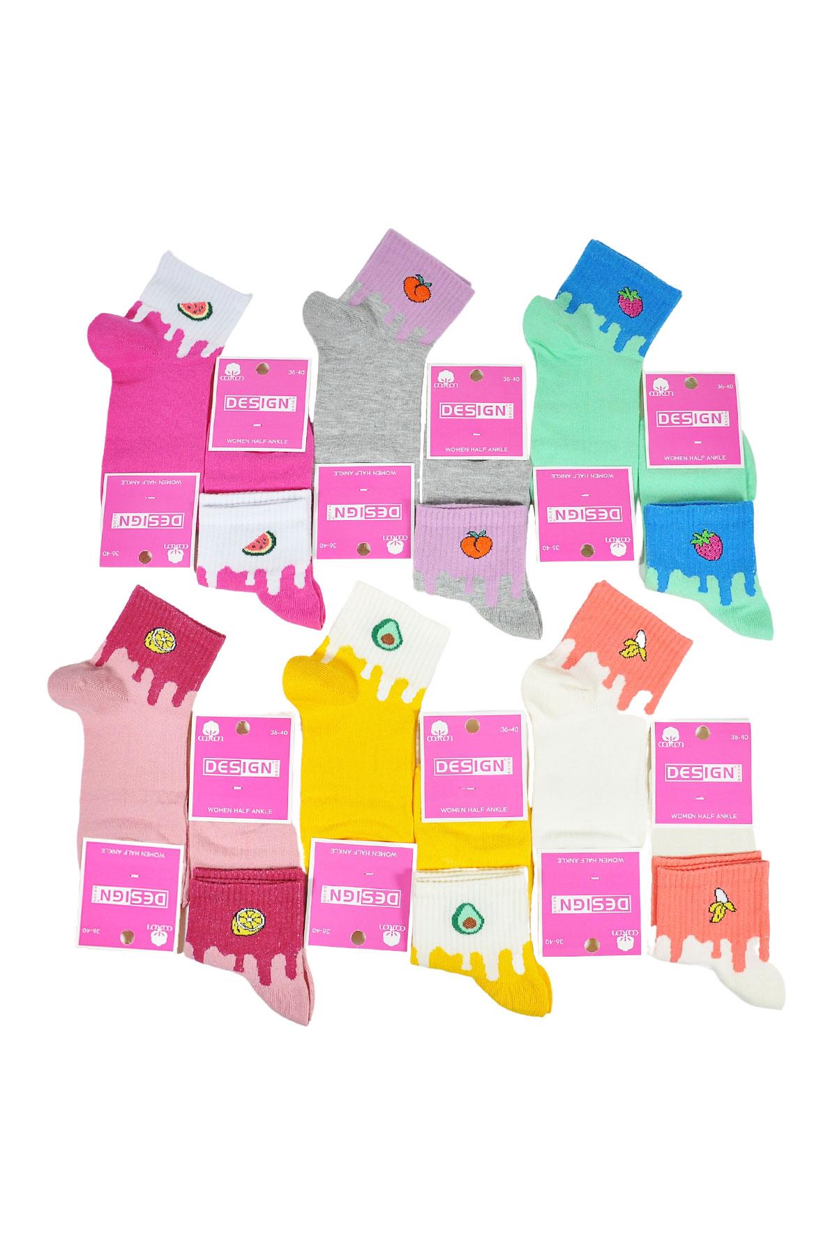 Meyve Desenli Yarım Konç Kadın Çorabı - Asorti-2 - 36-40 Numara - %70 Pamuk | Design Socks