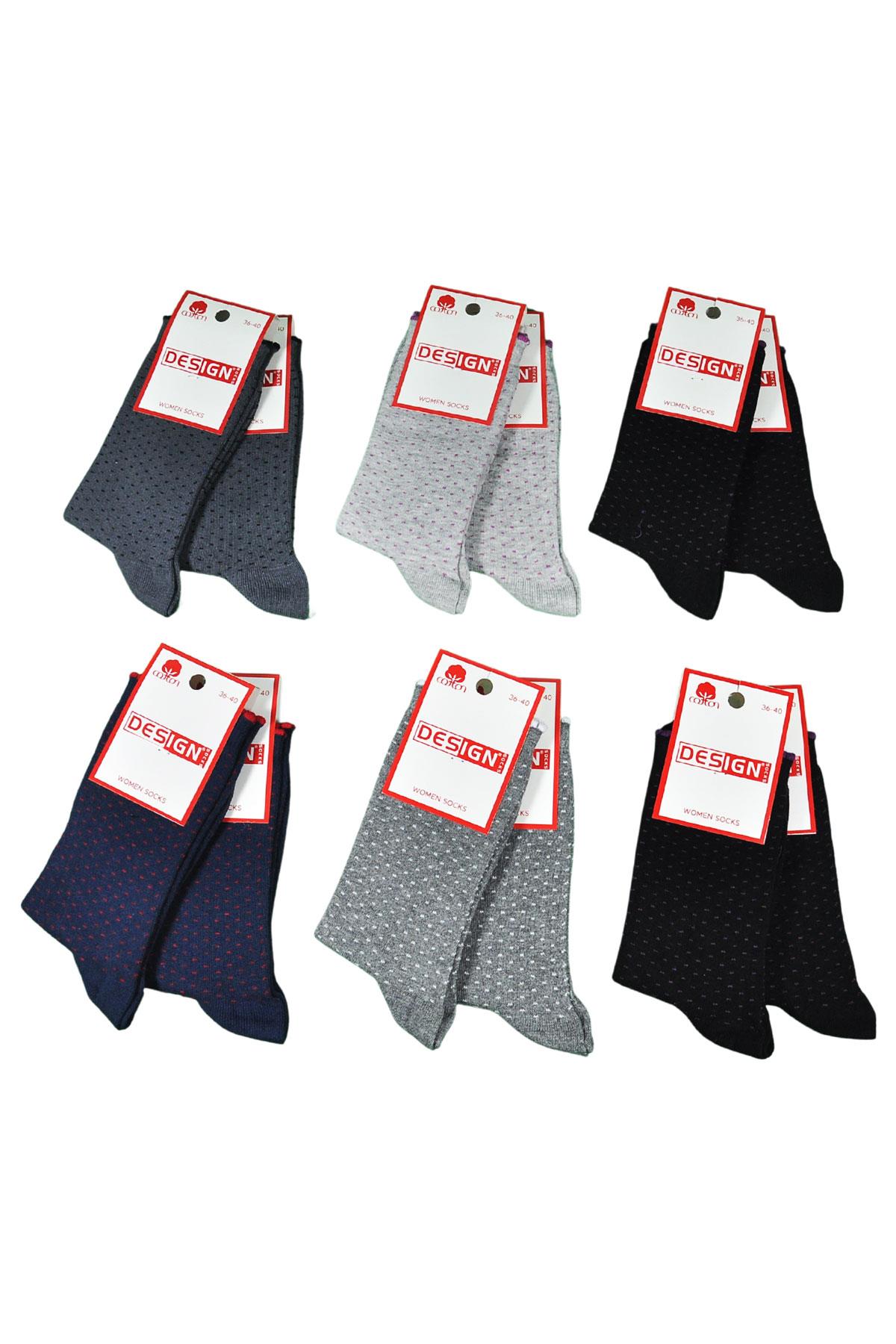 Noktalı Desen Soket Kadın Çorabı - Koyu Asorti - 36-40 Numara - %70 Pamuk | Design Socks