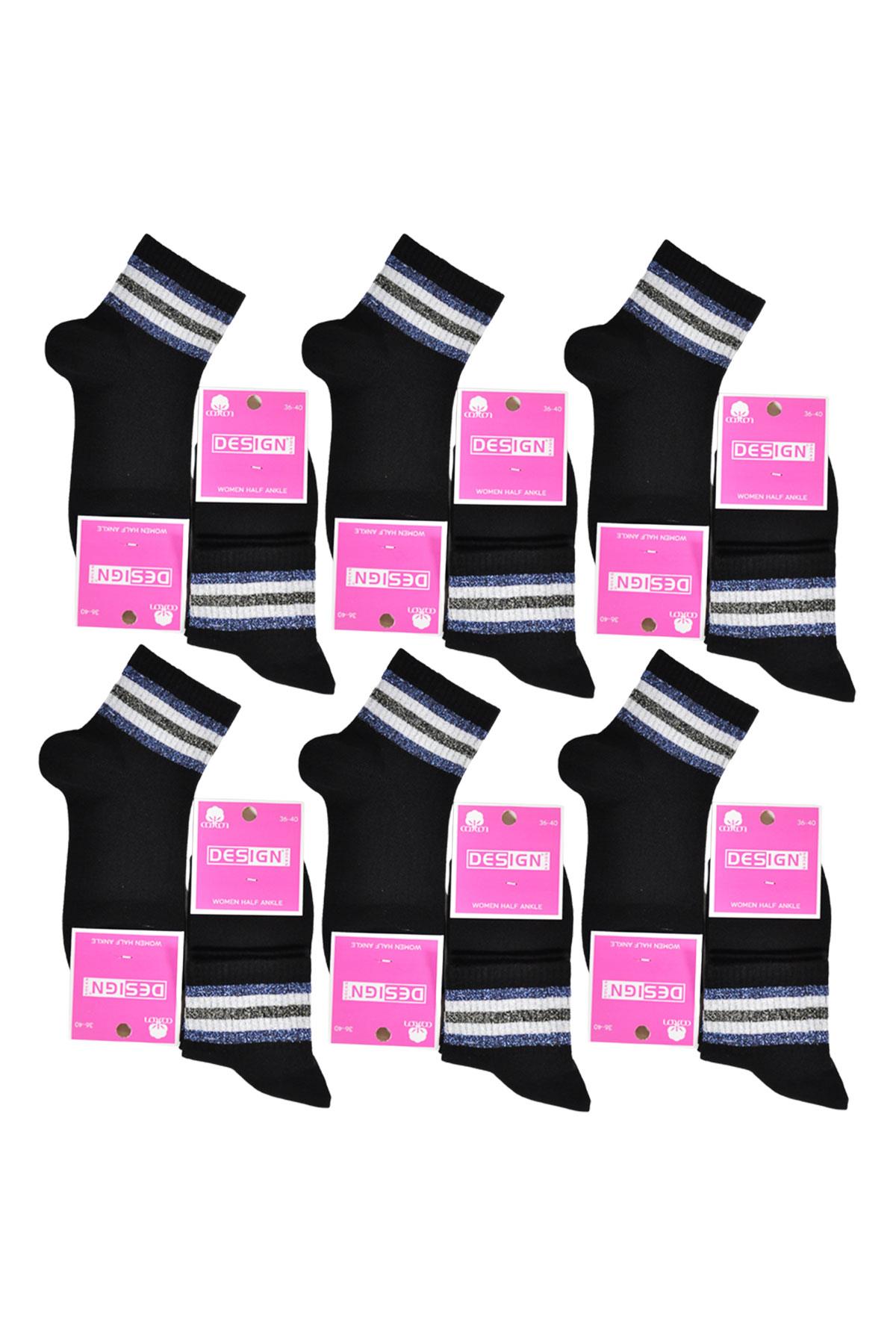 Simli Çember Desenli Yarım Konç Kadın Çorabı - Siyah - 36-40 Numara - %70 Pamuk | Design Socks