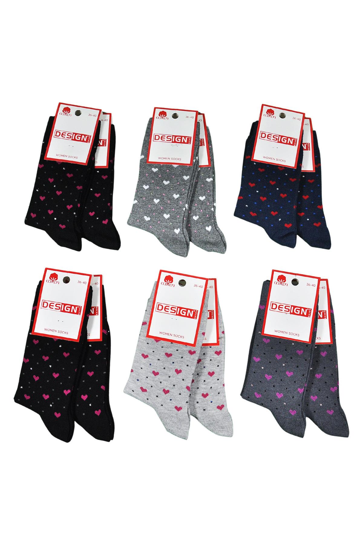 Simli Kalp Desenli Soket Kadın Çorabı - Koyu Asorti - 36-40 Numara - %70 Pamuk | Design Socks