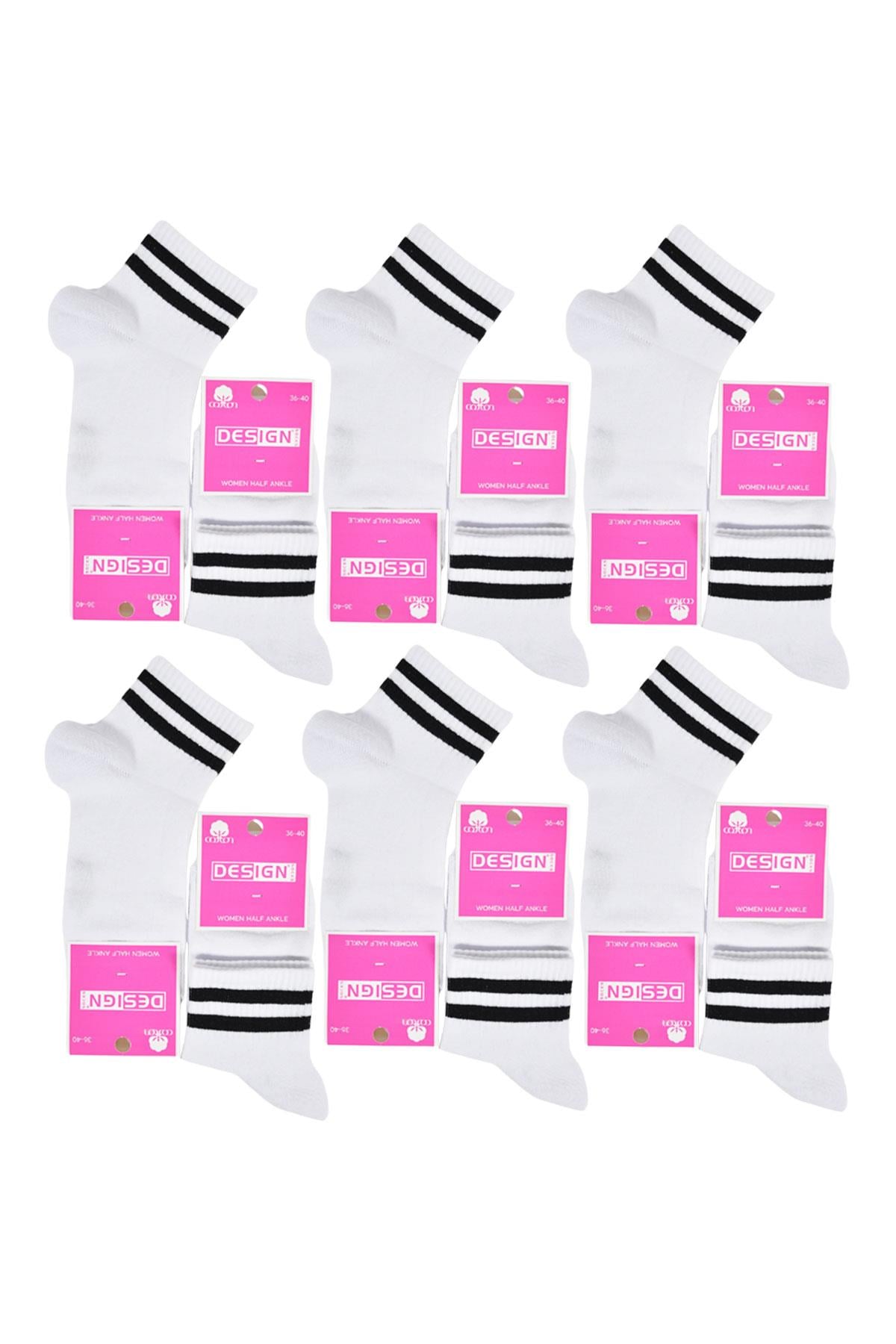 Siyah Çember Desenli Yarım Konç Kadın Çorabı - Beyaz - 36-40 Numara - %70 Pamuk | Design Socks