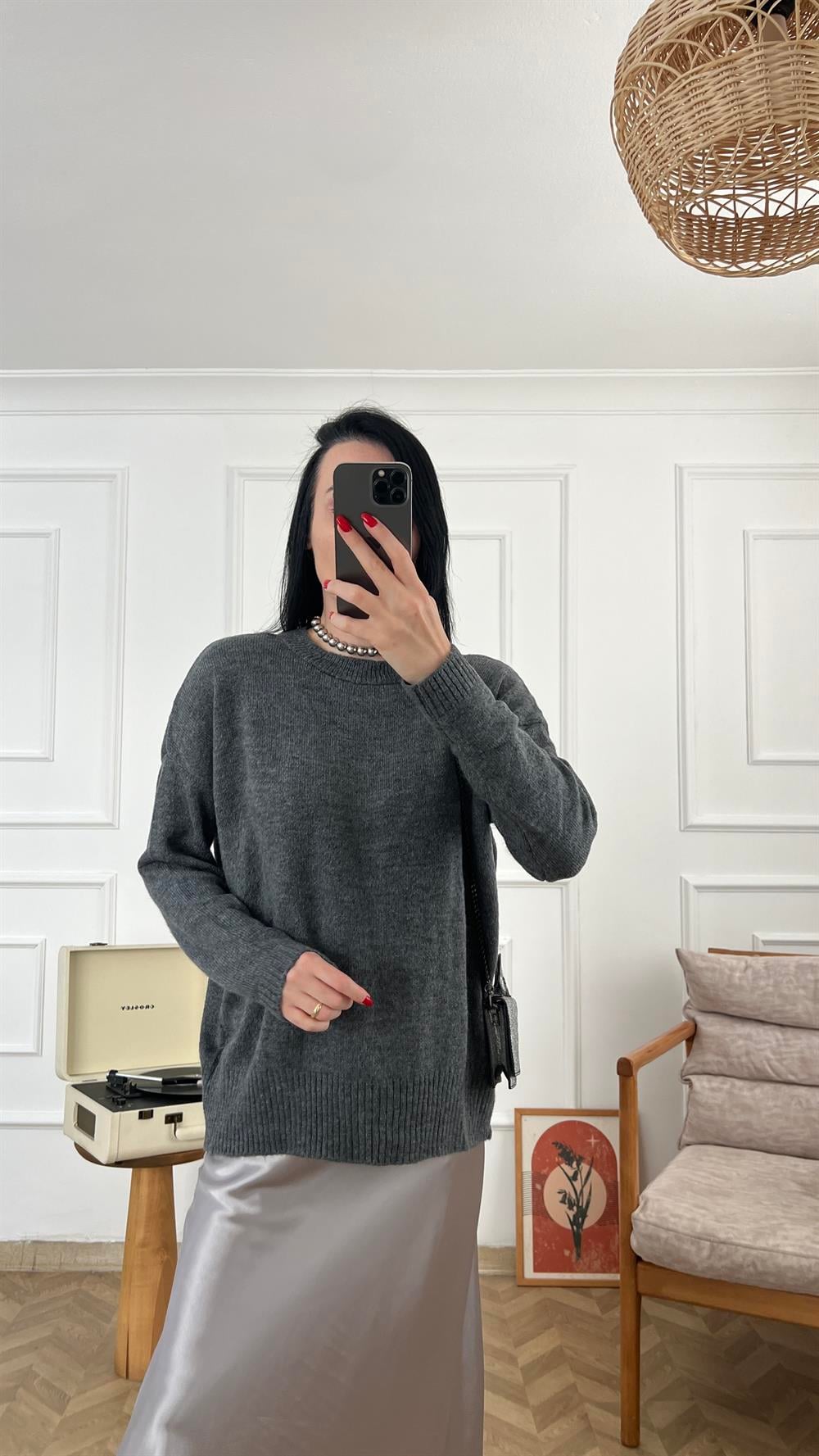 Antrasit Bisiklet Yaka Oversize Triko Kazak