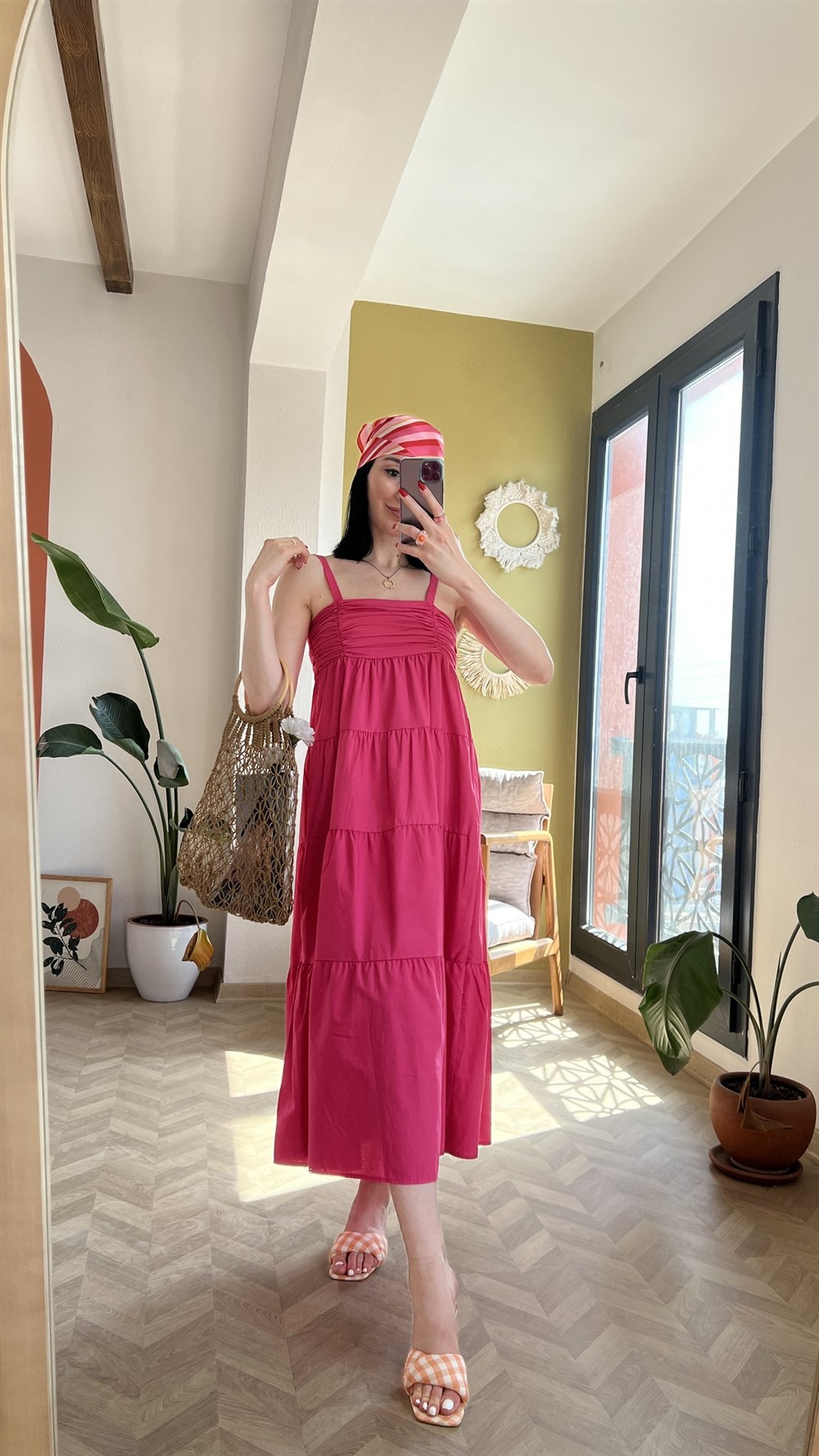 Askılı Pembe Poplin Elbise