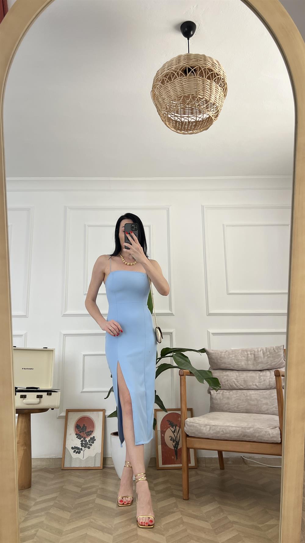 Bebe Mavi İnce Askılı Elbise