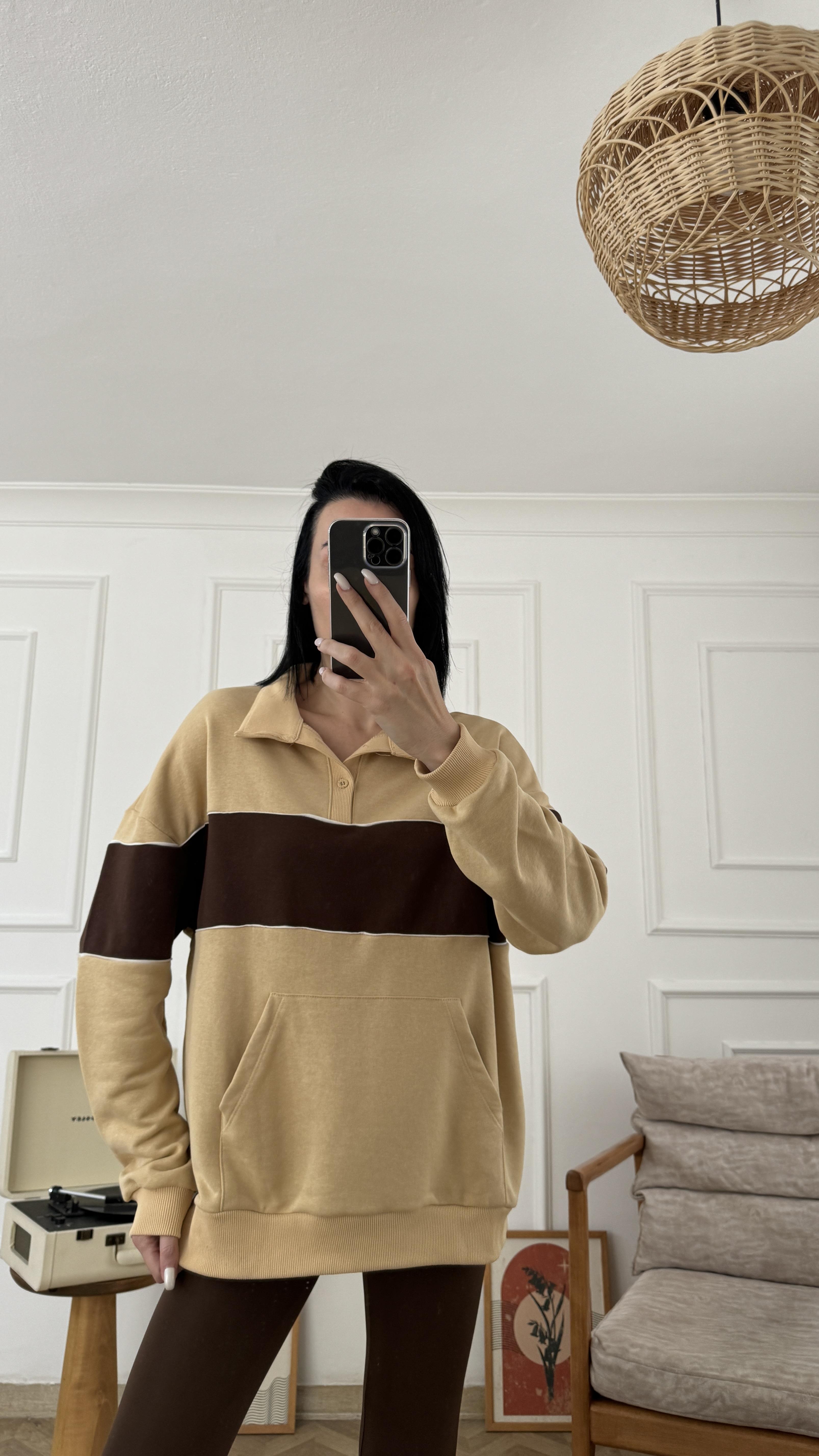 Bej Acı Kahve Cepli Oversize Sweatshirt