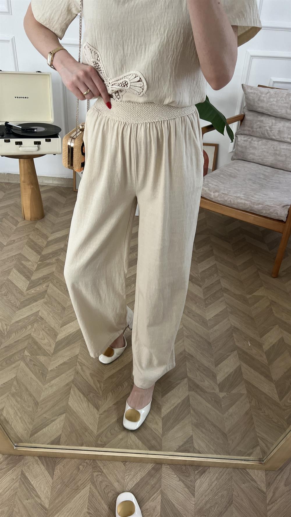 Bej Beli Lastikli Keten Pantolon
