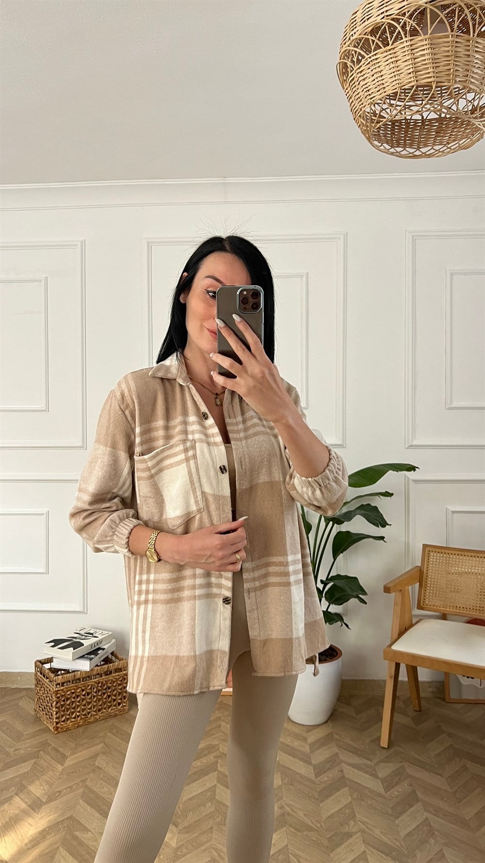 Bej Ekose Desen Oduncu Gömlek