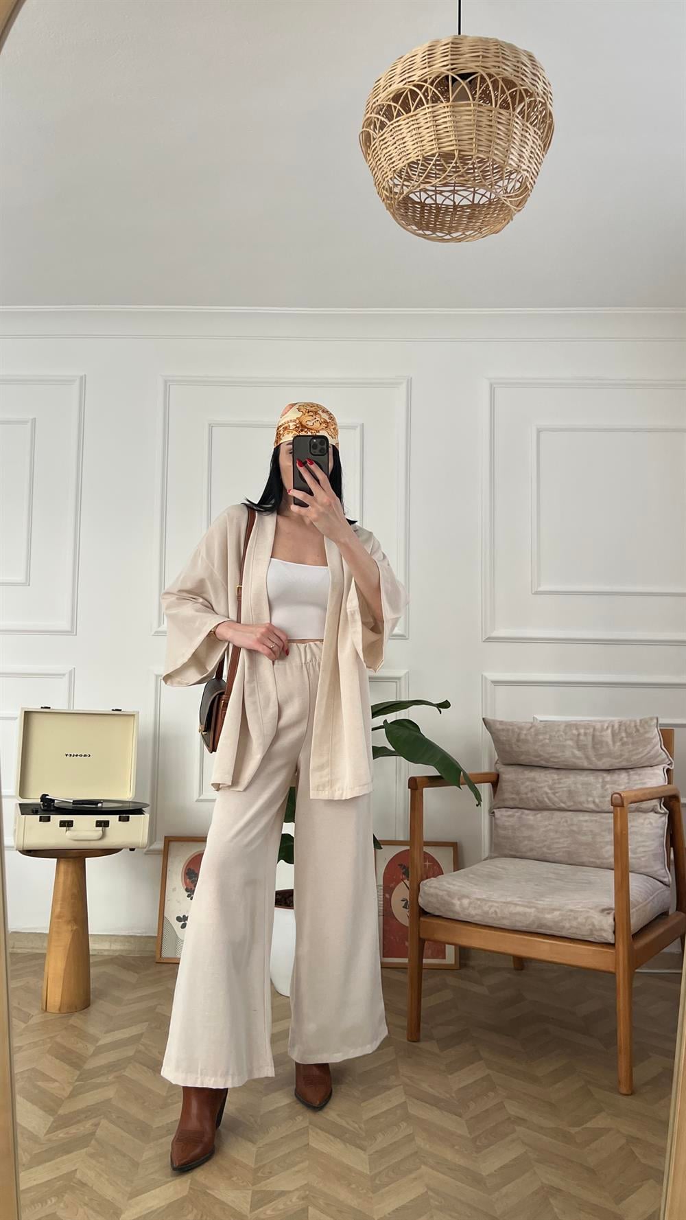 Bej Keten Kimono Takım