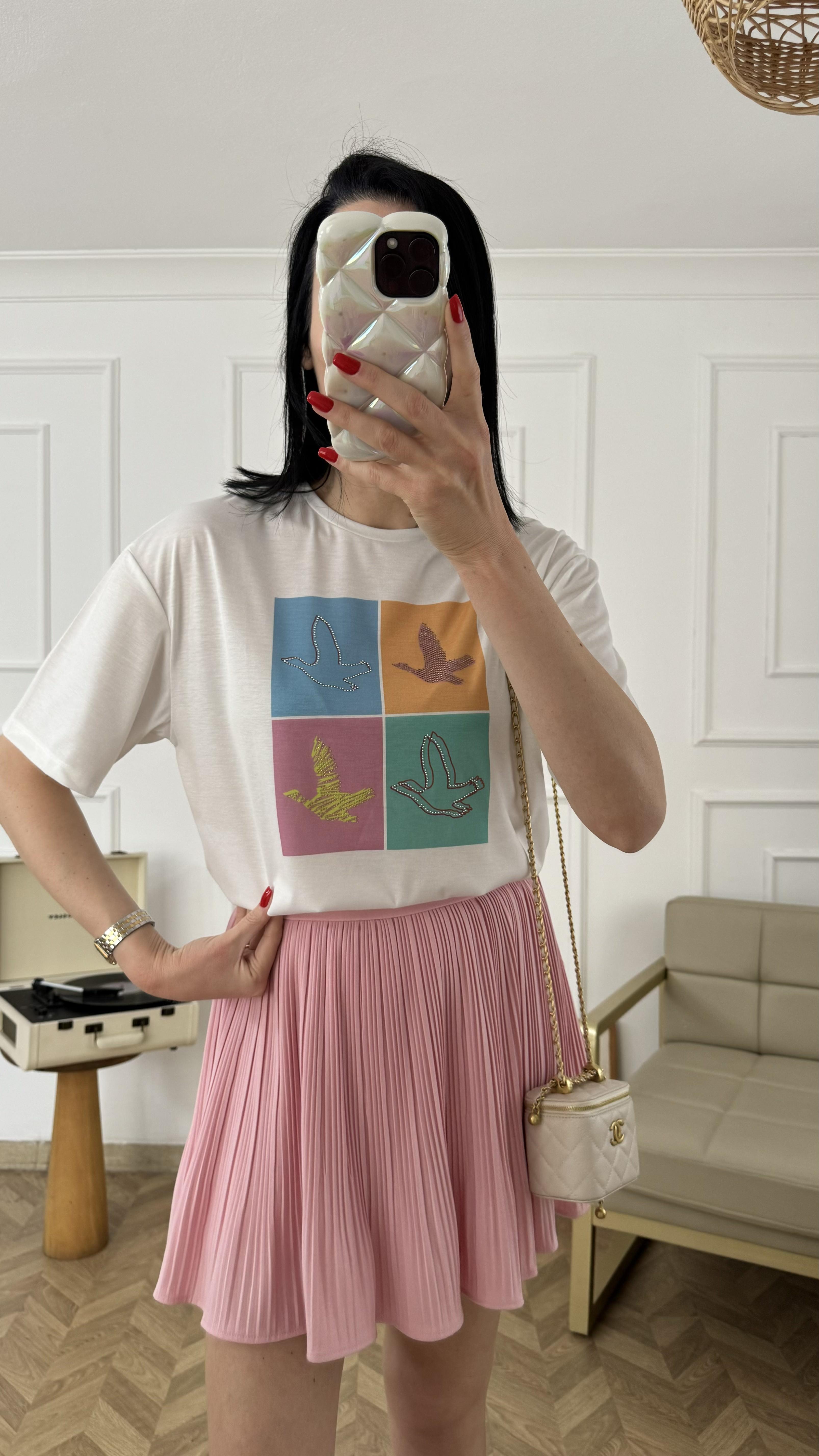 Beyaz Kuş Desenli Tshirt