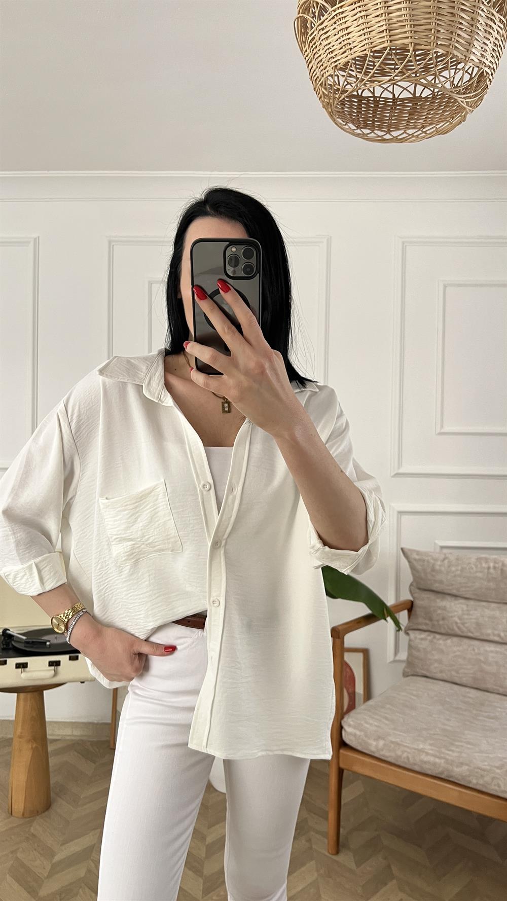 Beyaz Tensel Kumaş Oversize Gömlek