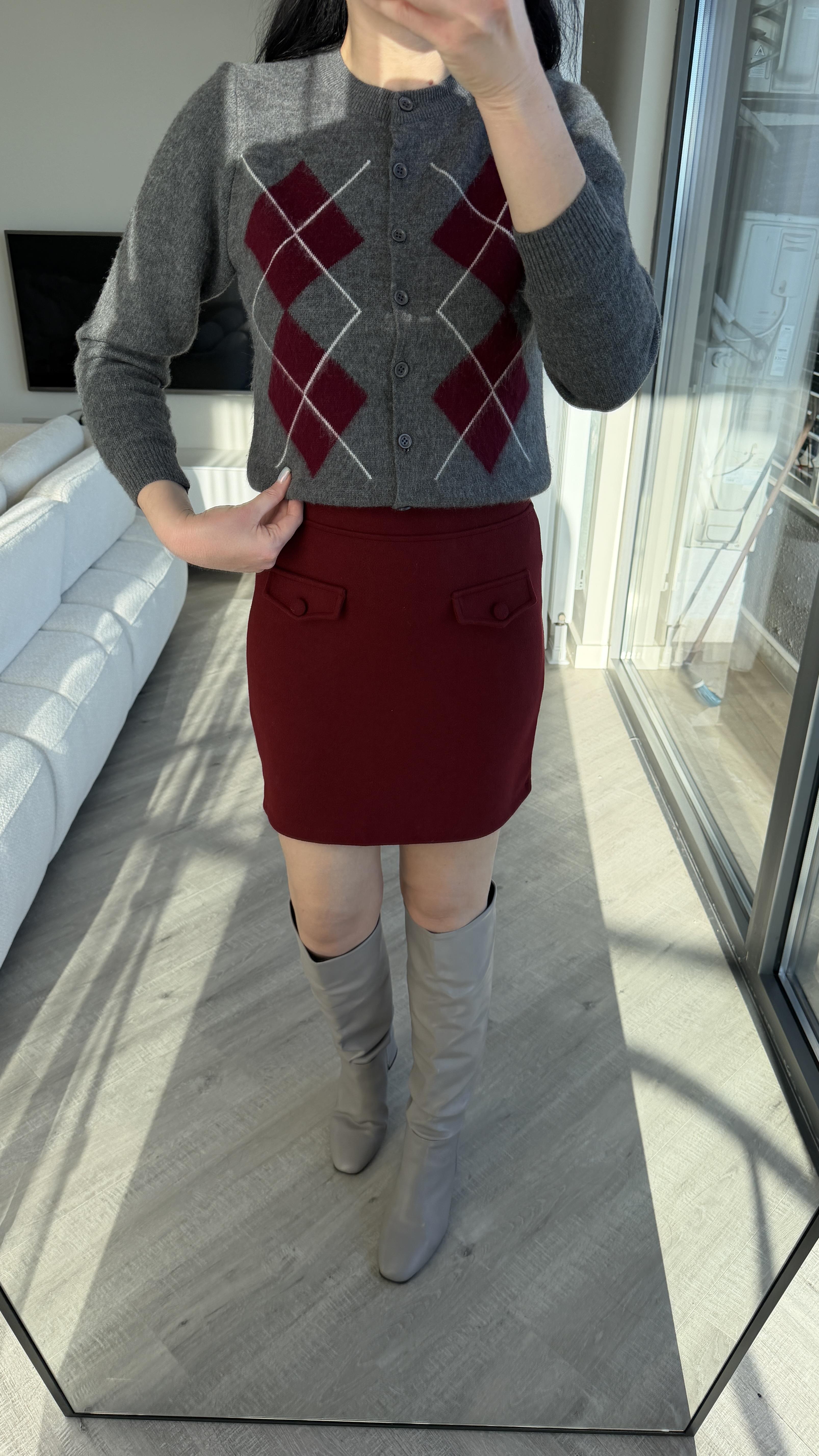 Bordo Cep Detaylı Kaşe Etek