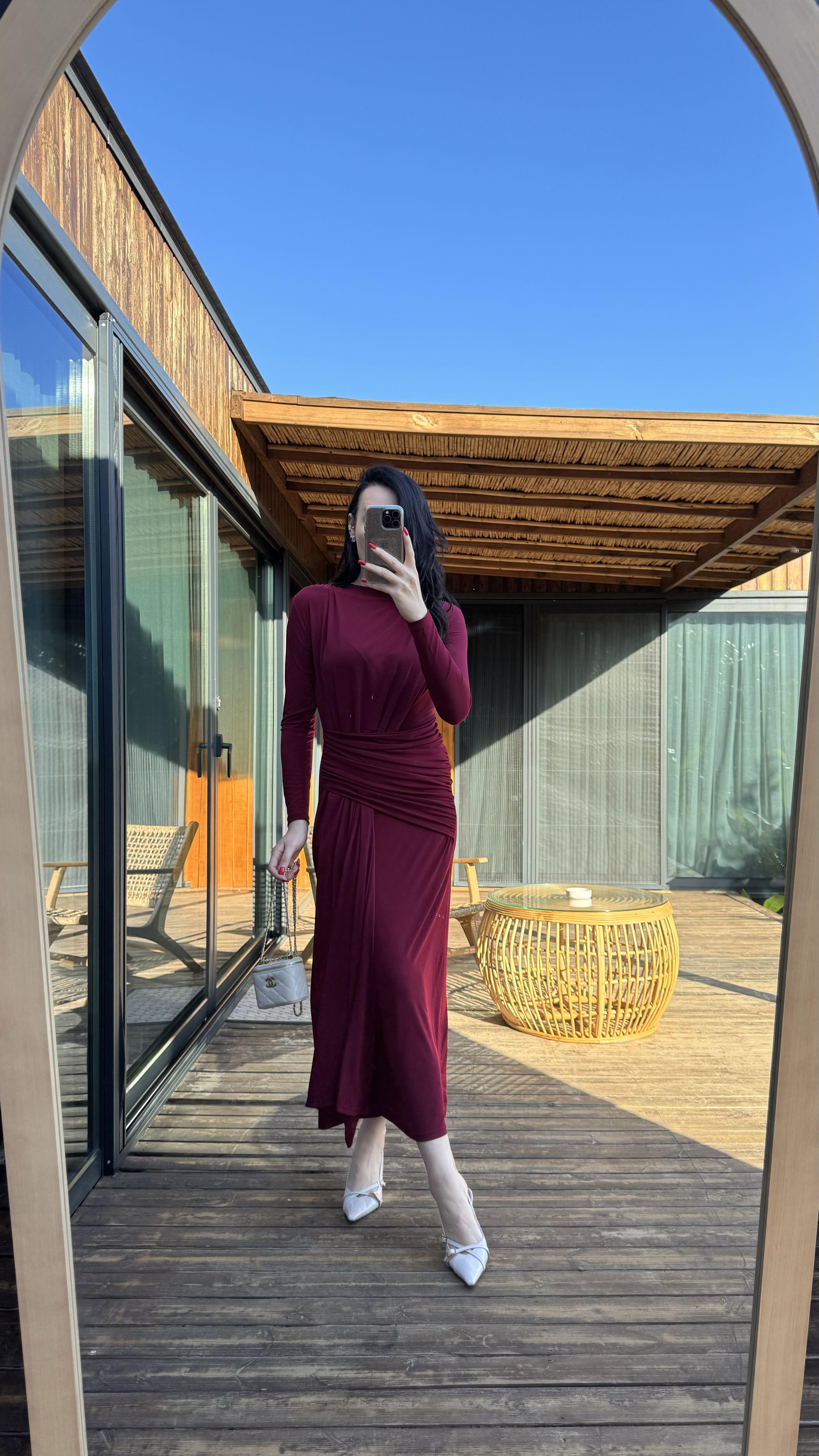 Bordo Drape Detaylı Jarse Elbise