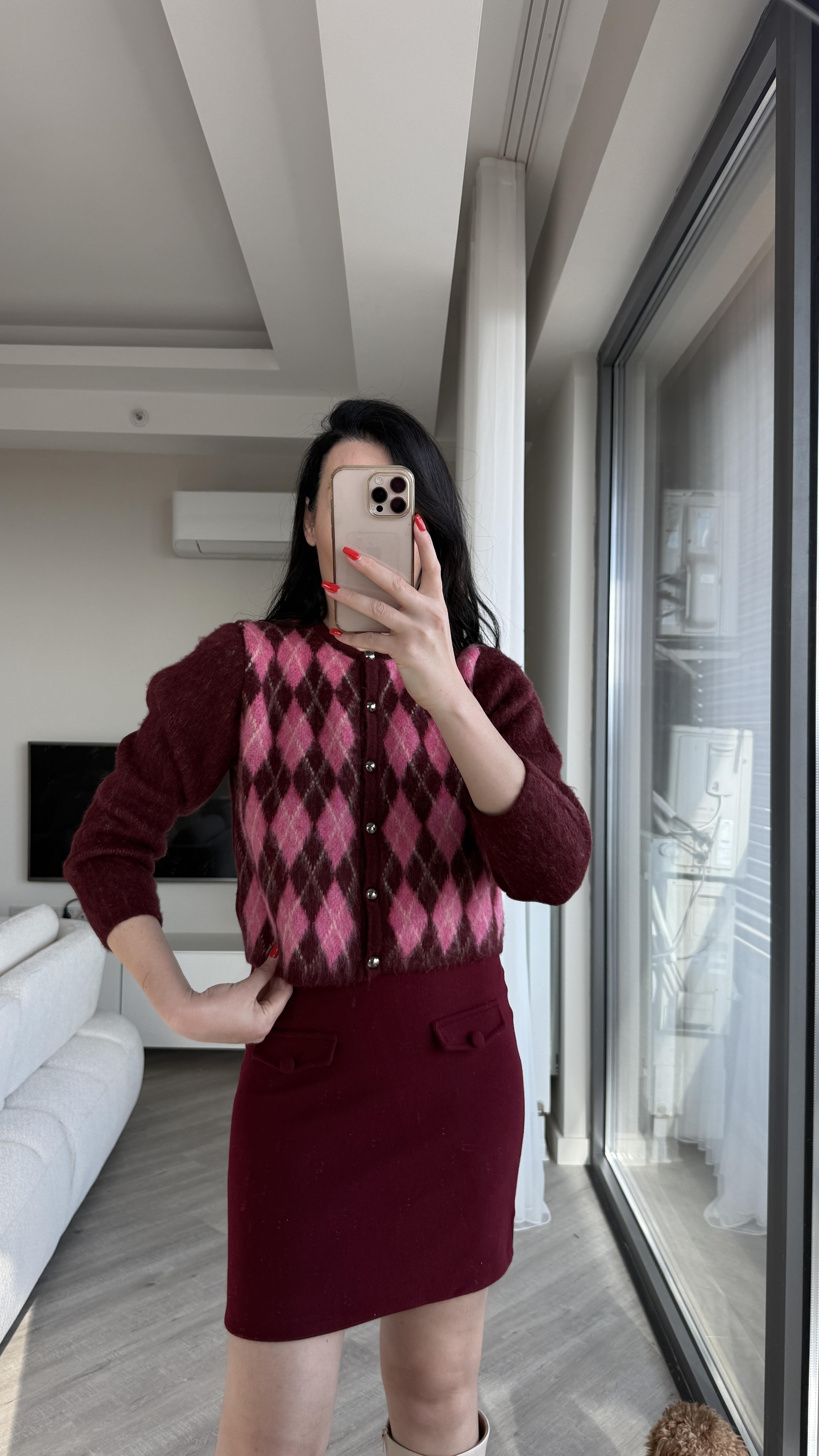 Bordo Pembe Baklava Desen Hırka