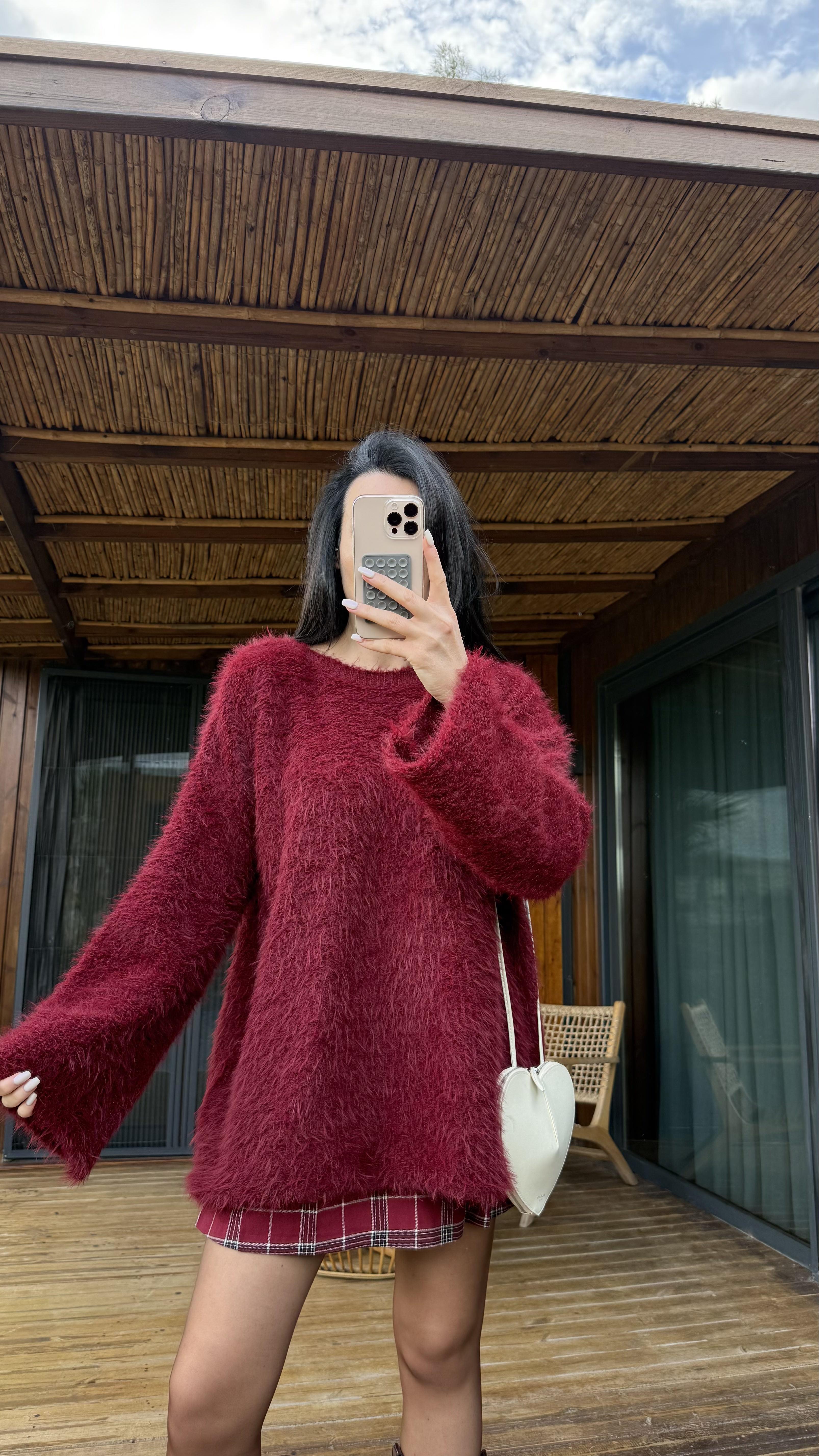 Bordo Sakallı Oversize Kazak