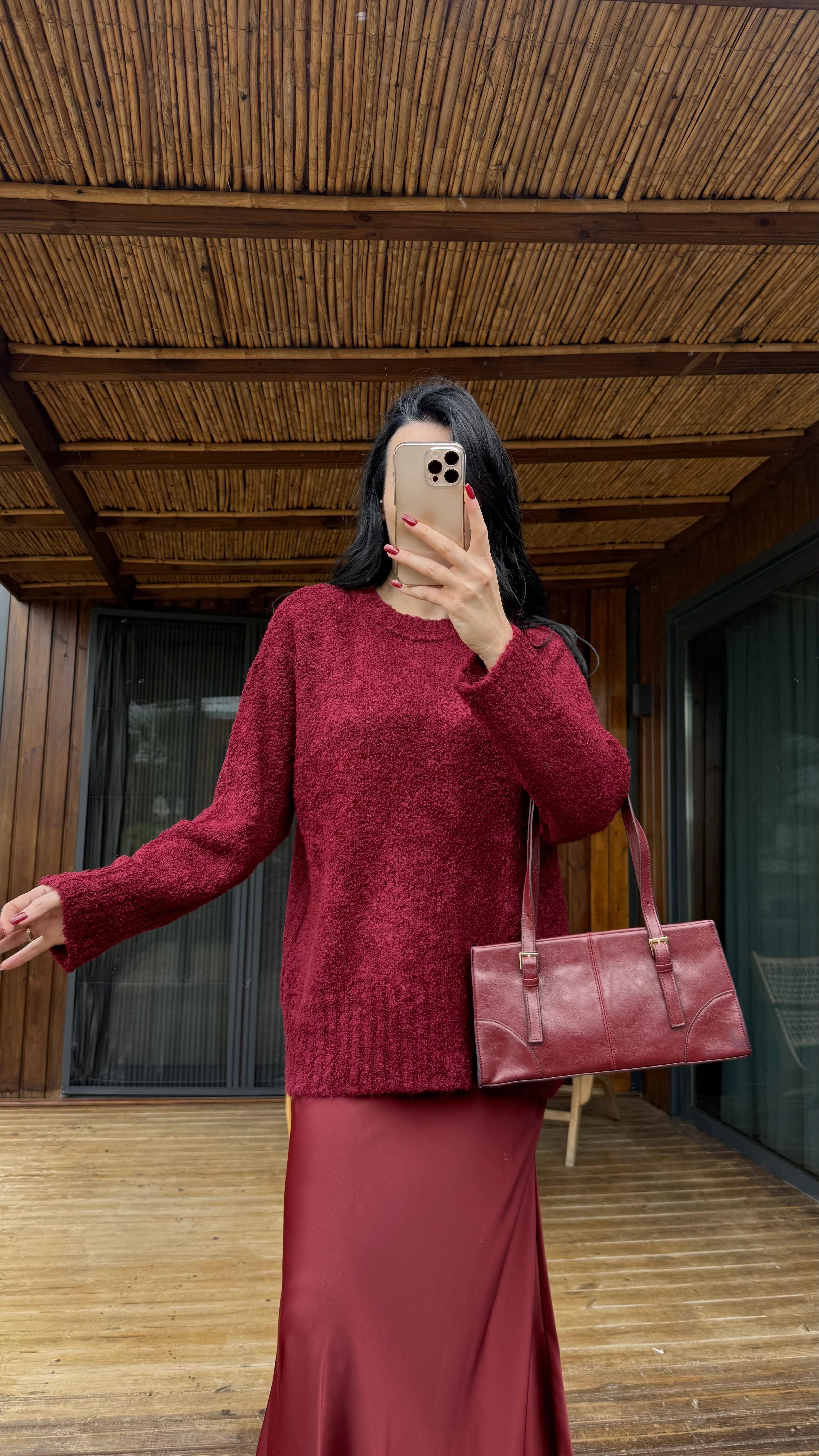 Bordo Yumuşak Dokulu Triko Kazak