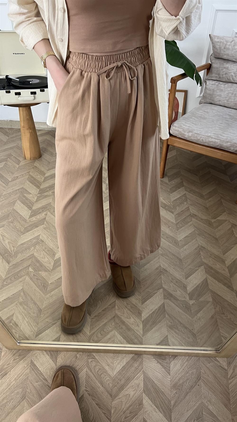 Camel Beli Lastikli Keten Bol Paça Pantolon