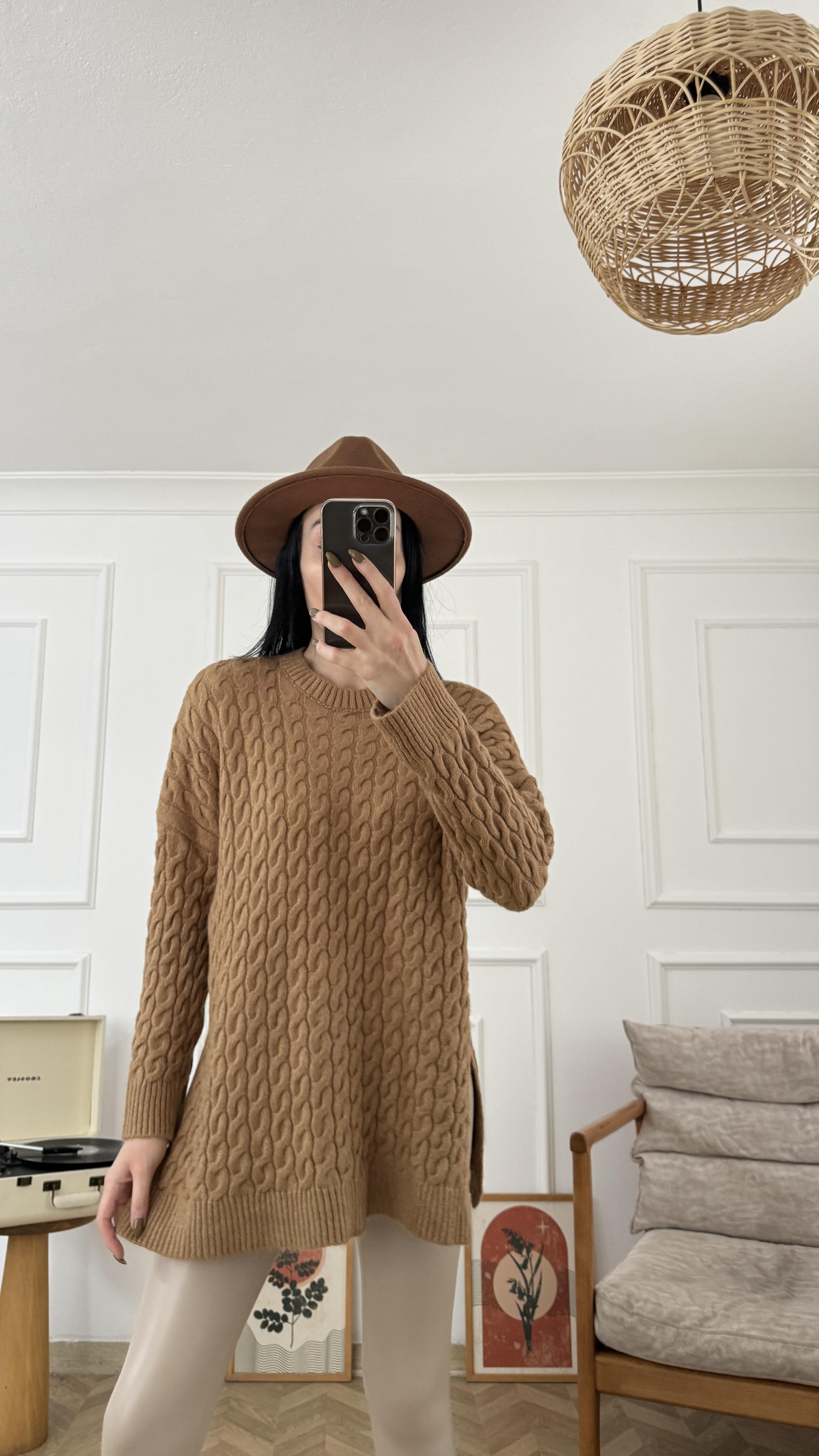 Camel Saç Örgü Desen Tunik Triko Kazak