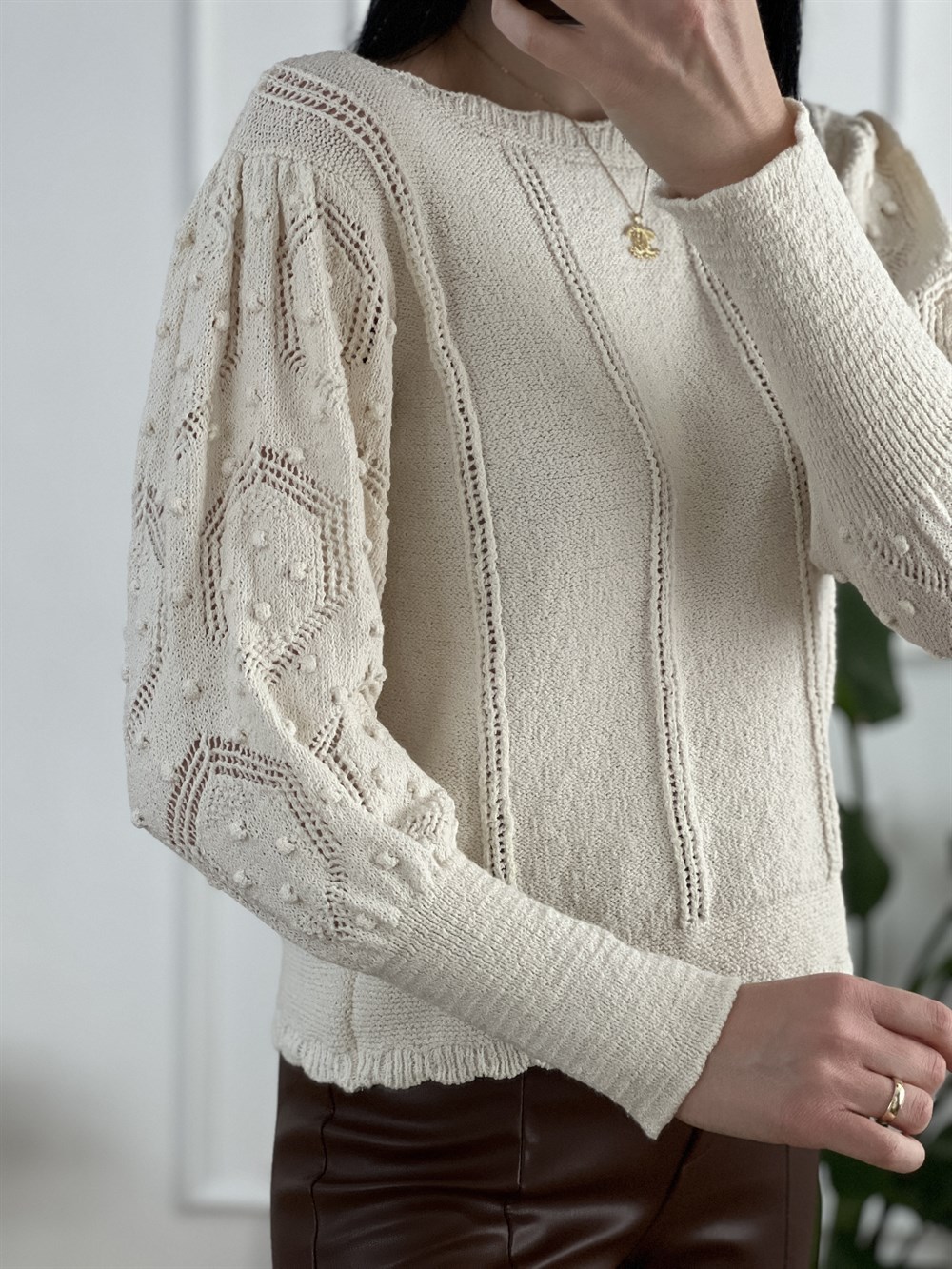 Ekru Balon Kol Triko