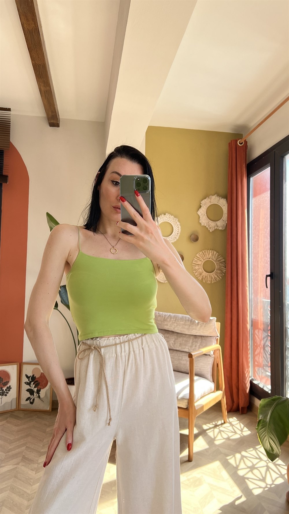 Fıstık Yeşili İp Askılı Crop