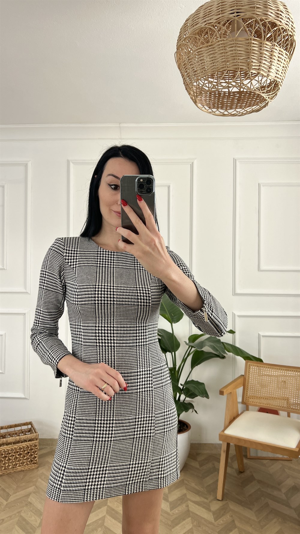 Gri Ekose Desen Elbise