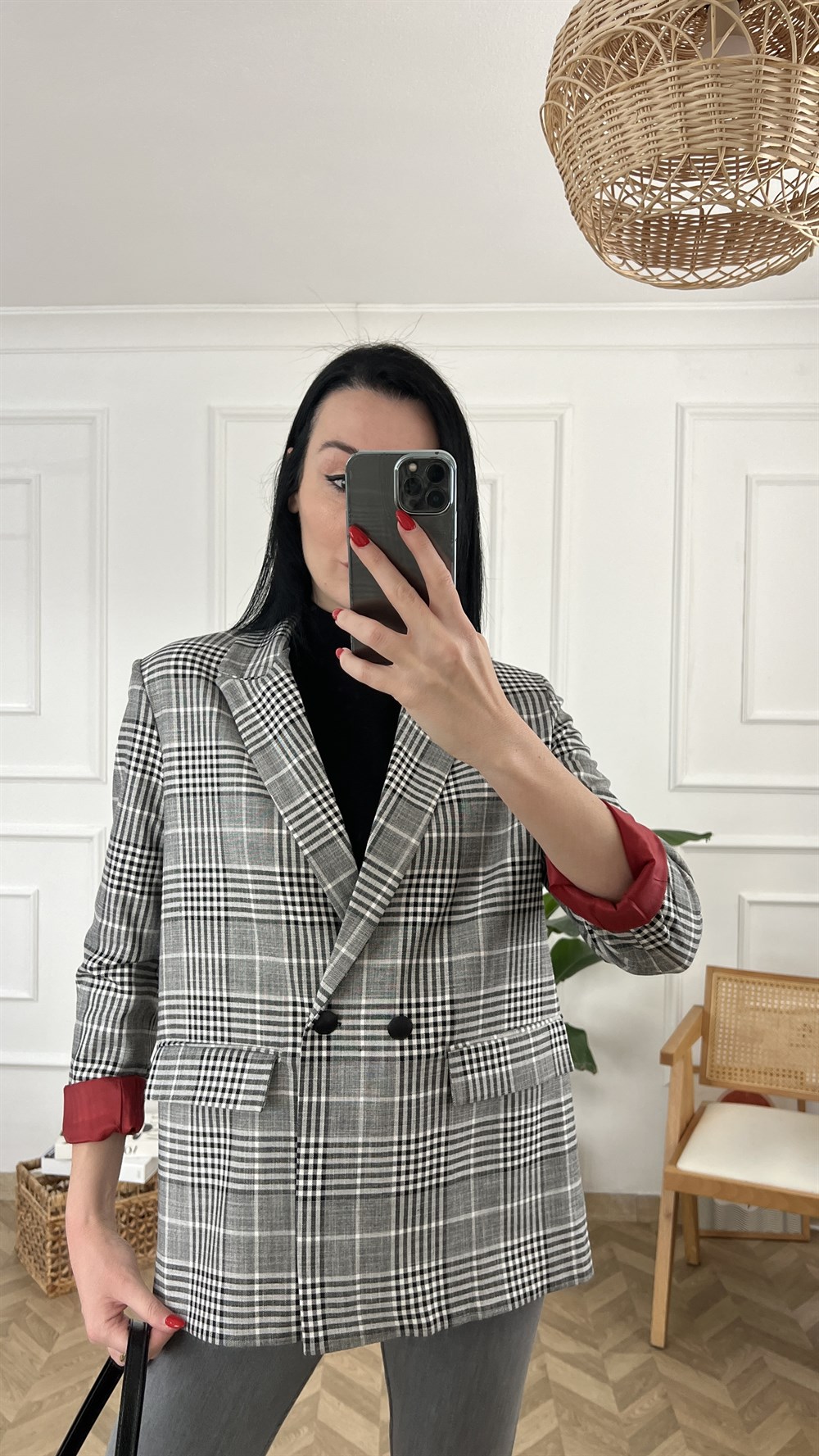 Gri Ekoseli Blazer Ceket