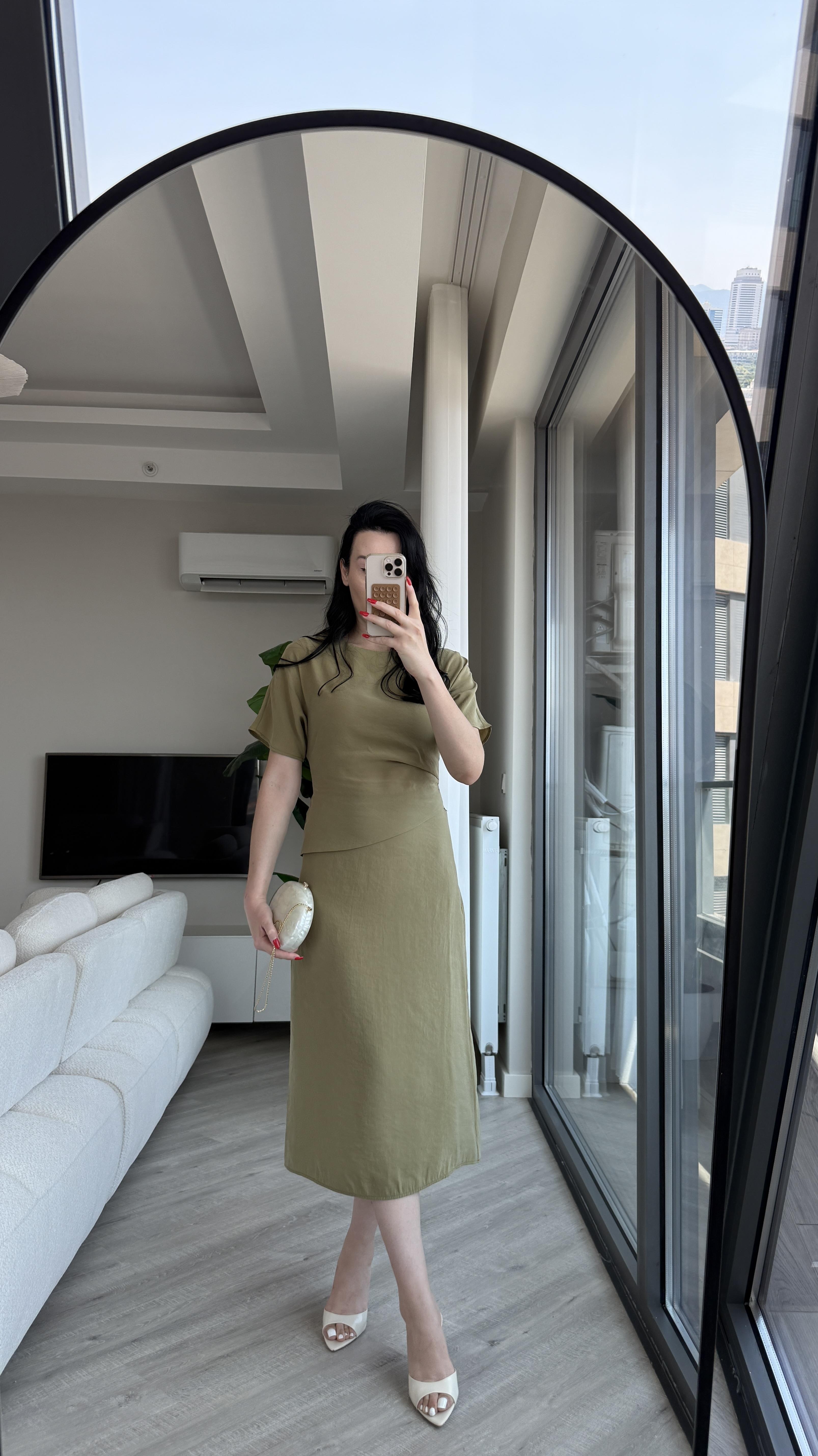 Haki Drape Detaylı Tensel Elbise