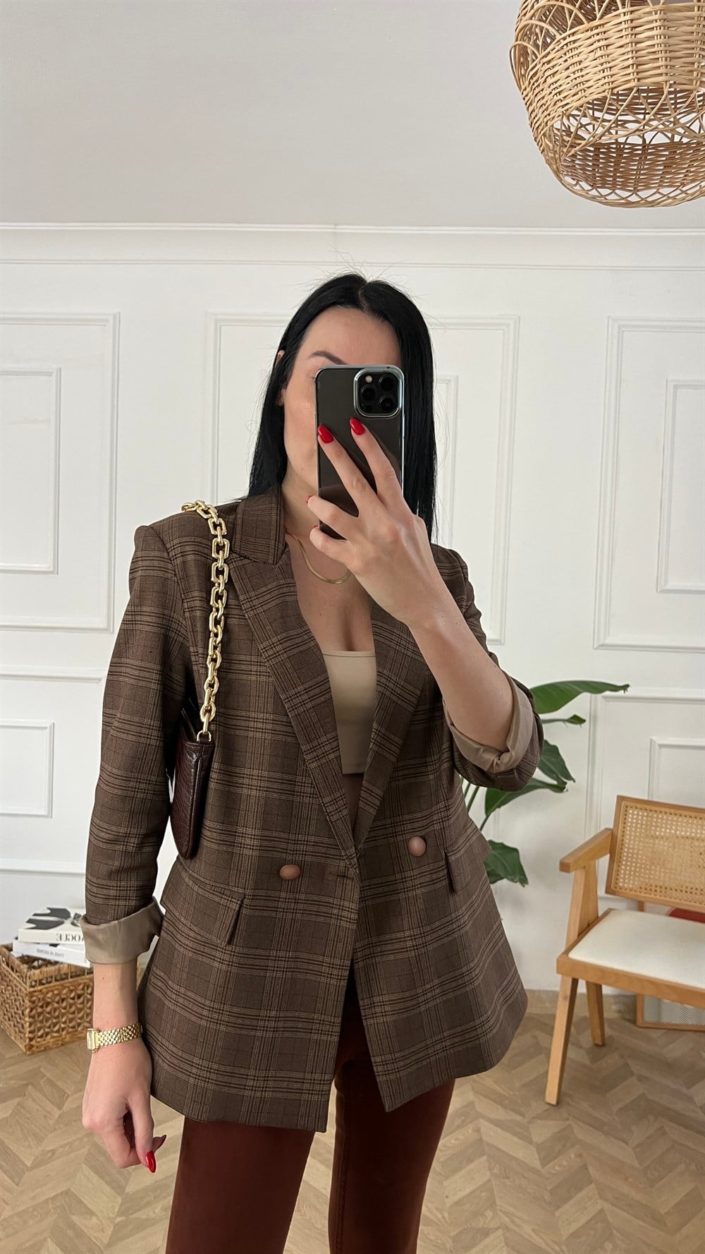 Kahve Ekoseli Astarlı Blazer Ceket