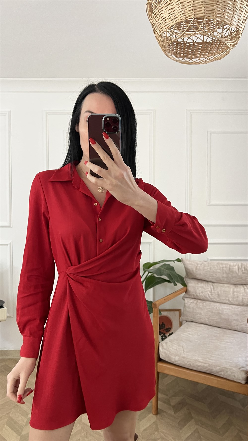 Kırmızı Drape Detaylı Elbise
