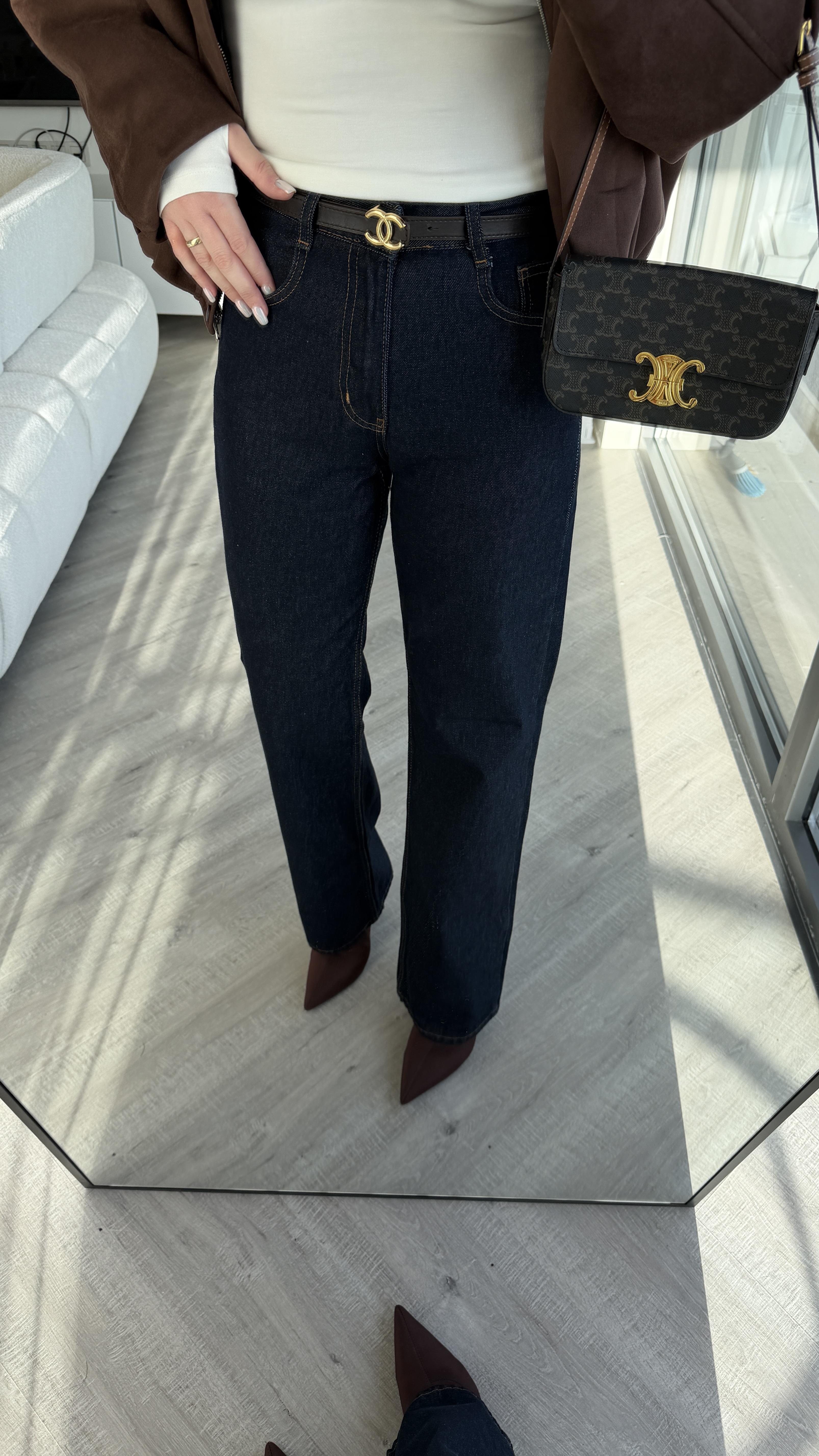 Koyu Lacivert Kahve Dikişli Wide Leg Jean