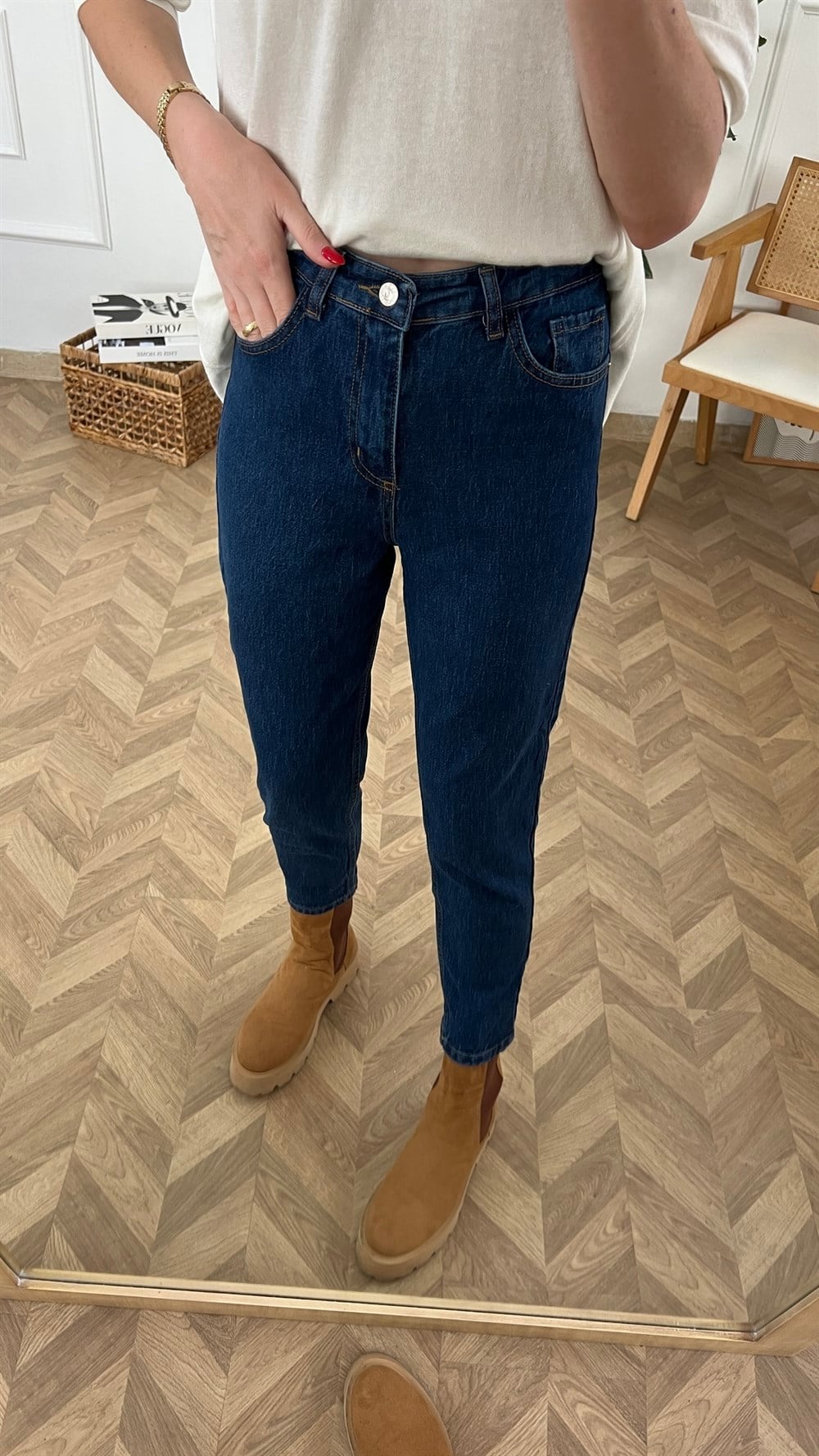 Koyu Lacivert Likralı Mom Jean