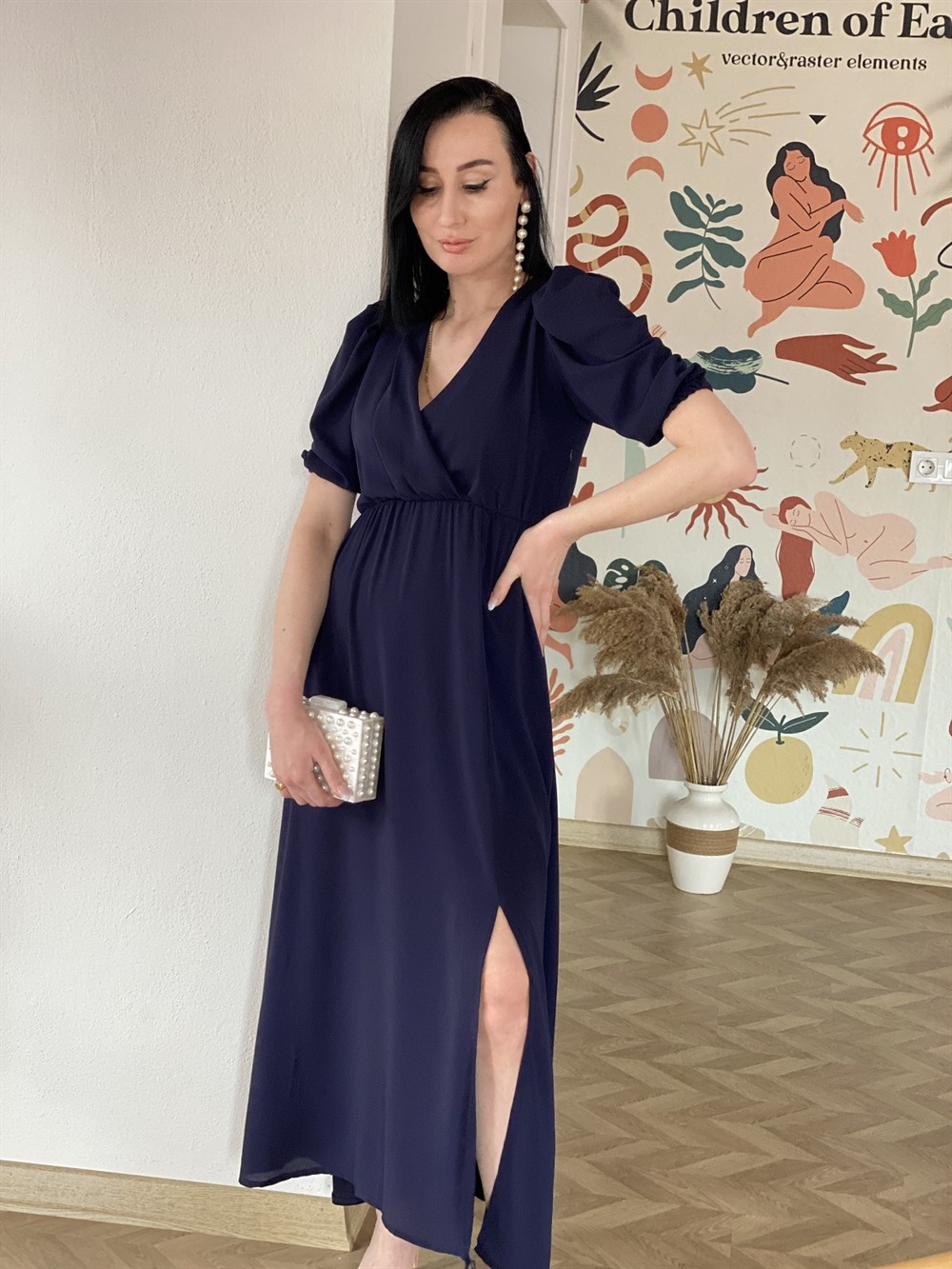 Lacivert Kruvaze Yaka Yırtmaç Detaylı Elbise