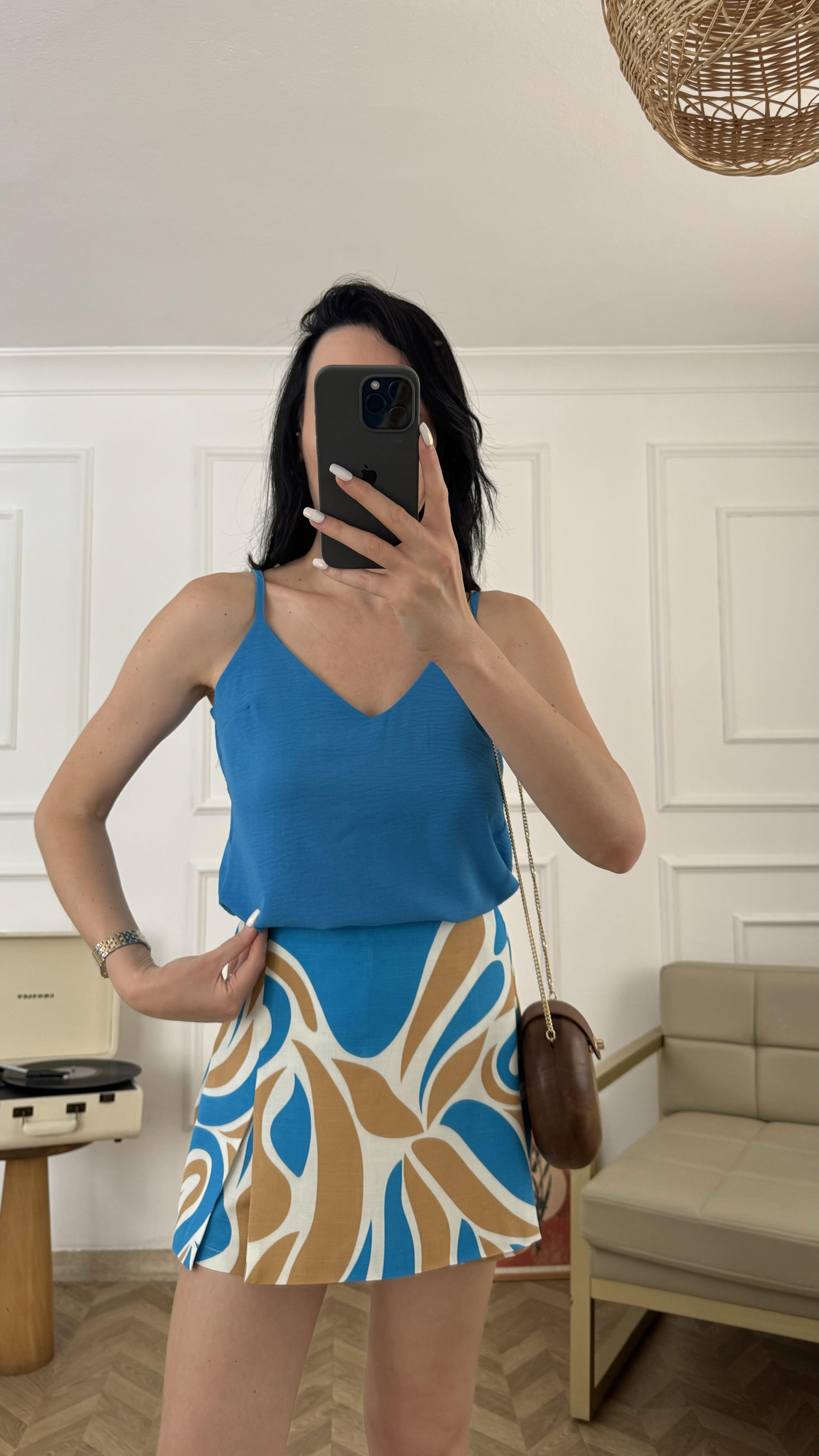 Mavi İp Askılı Tiril Bluz