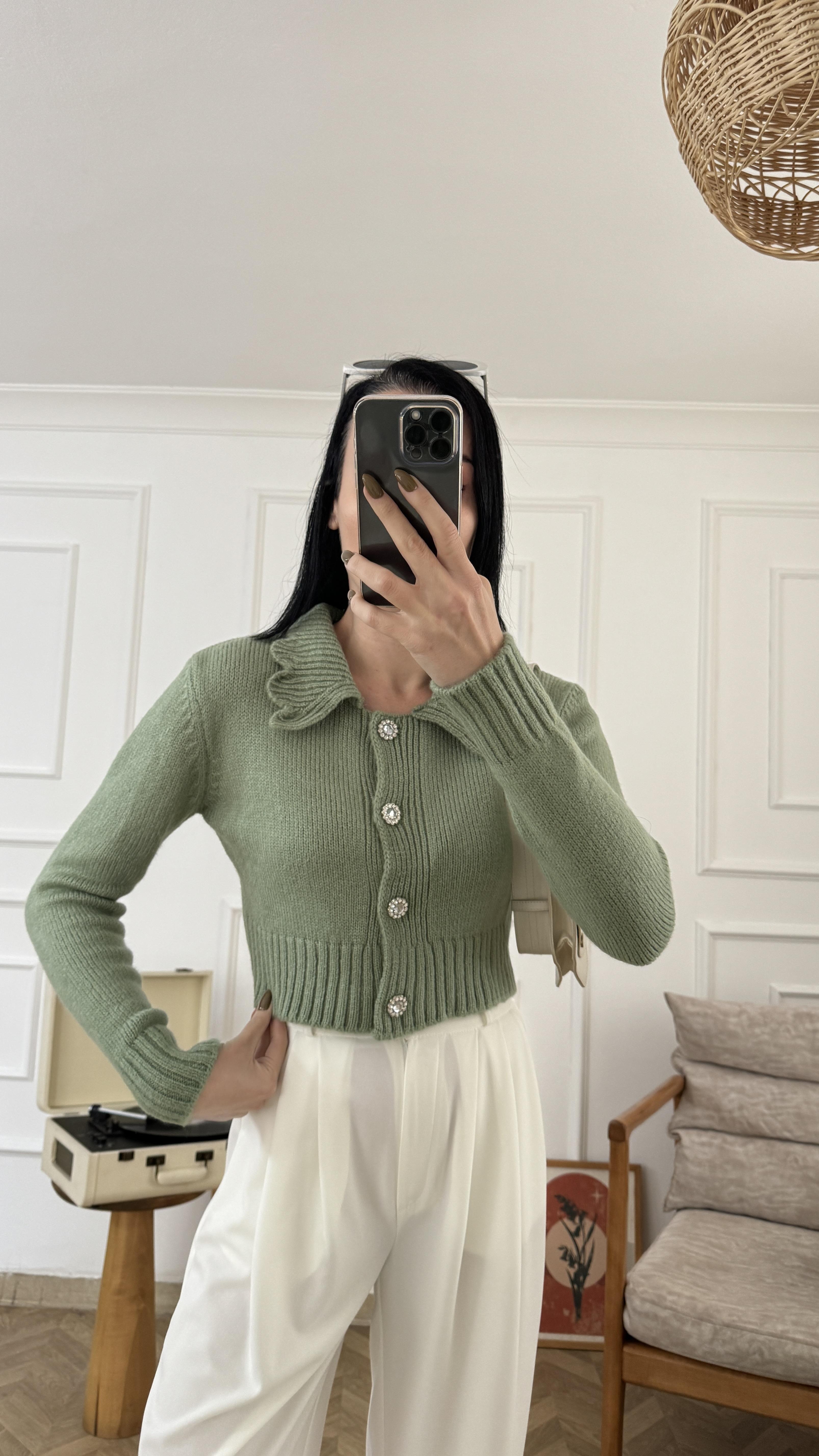 Mint Bebe Yaka Taş Düğmeli Hırka