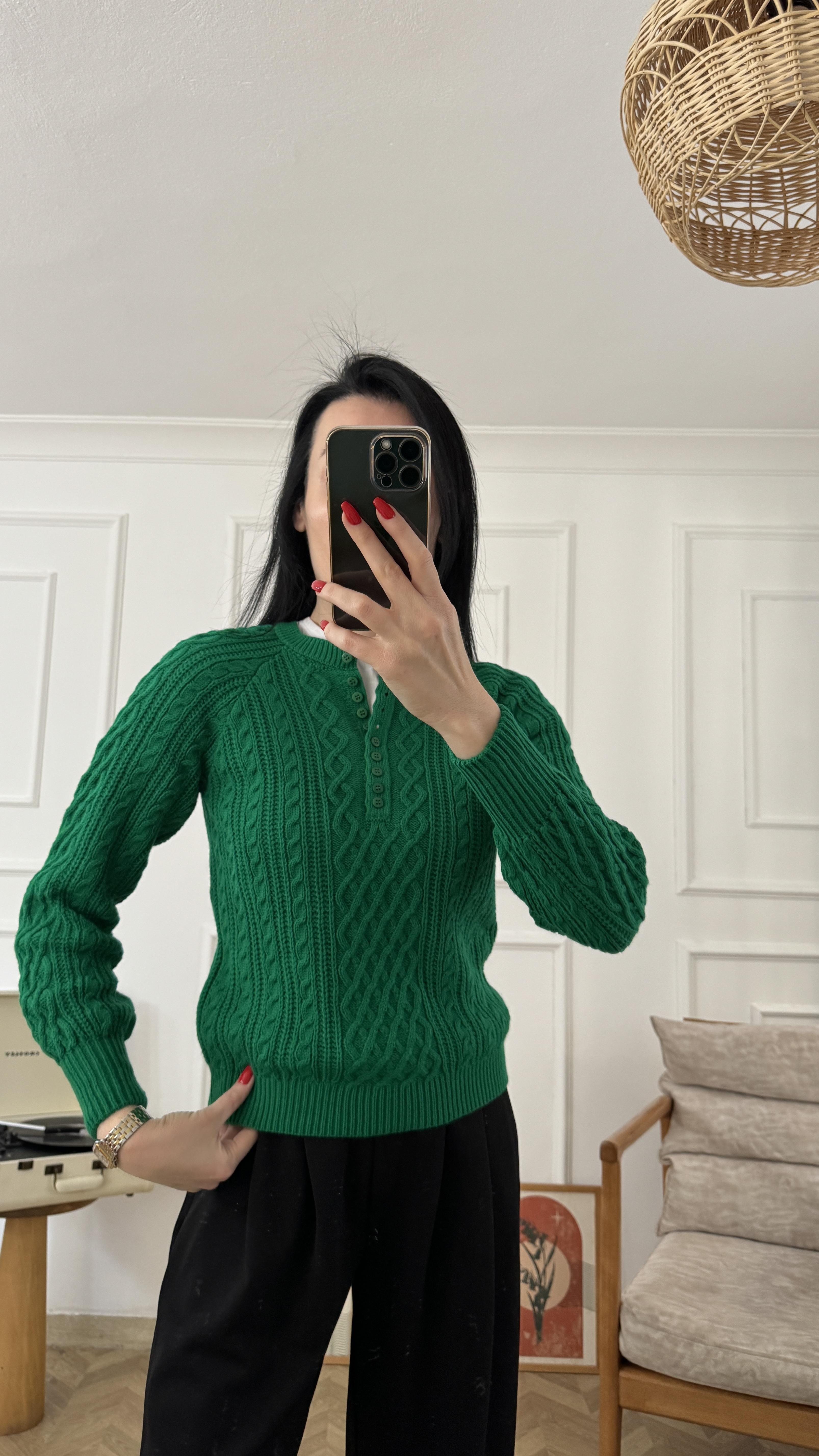 Önü Düğmeli Yeşil Triko Kazak