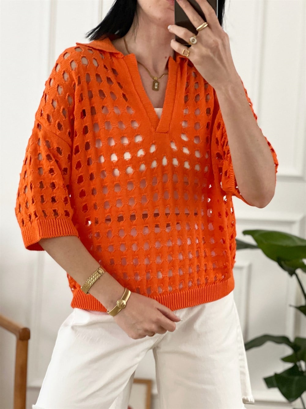 Orange Polo Yaka Ajurlu Triko