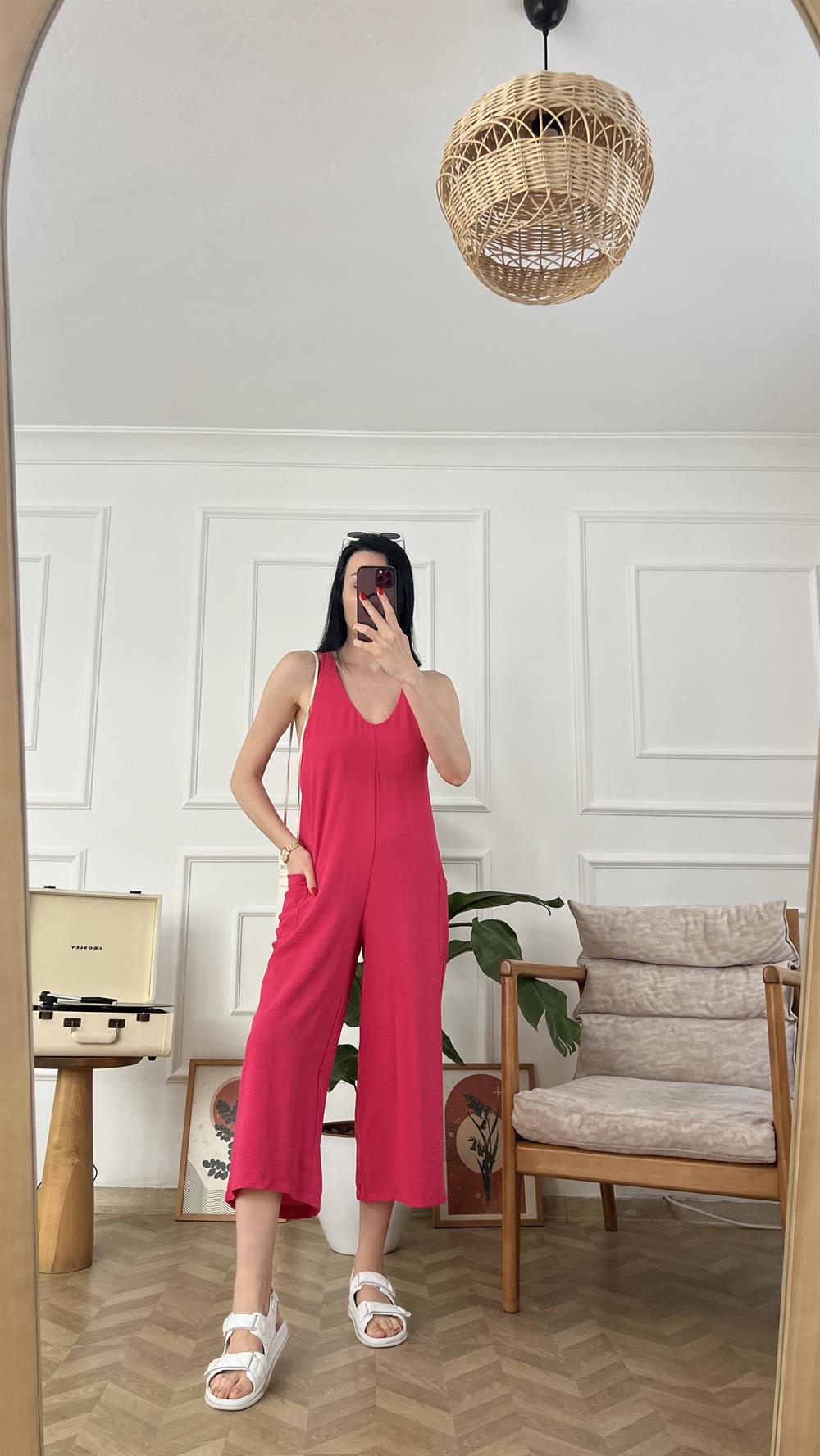 Pembe Arkadan Bağlamalı Cepli Tulum