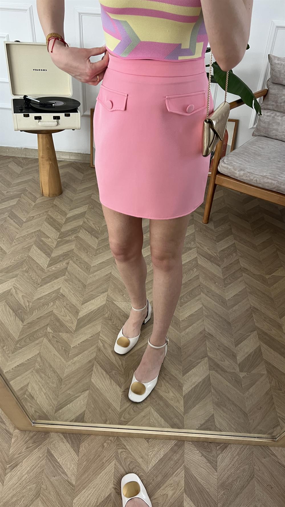 Pembe Cep Detaylı Etek