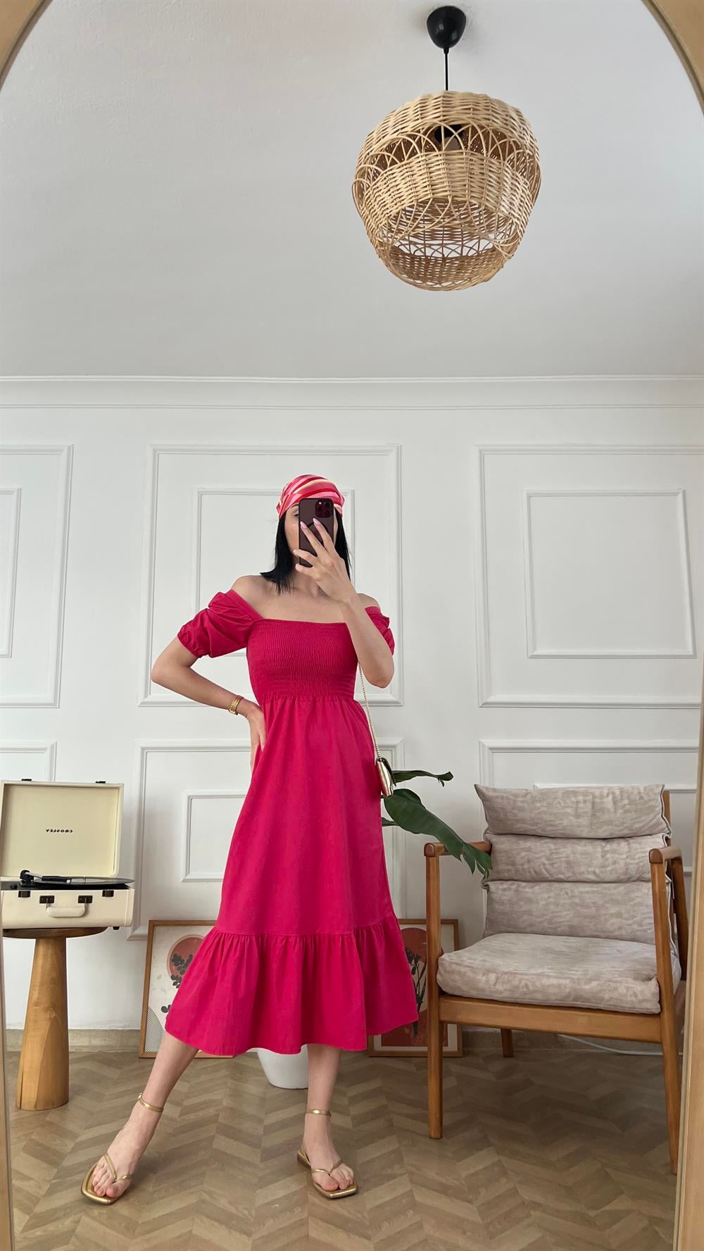 Pembe Karpuz Kol Poplin Elbise