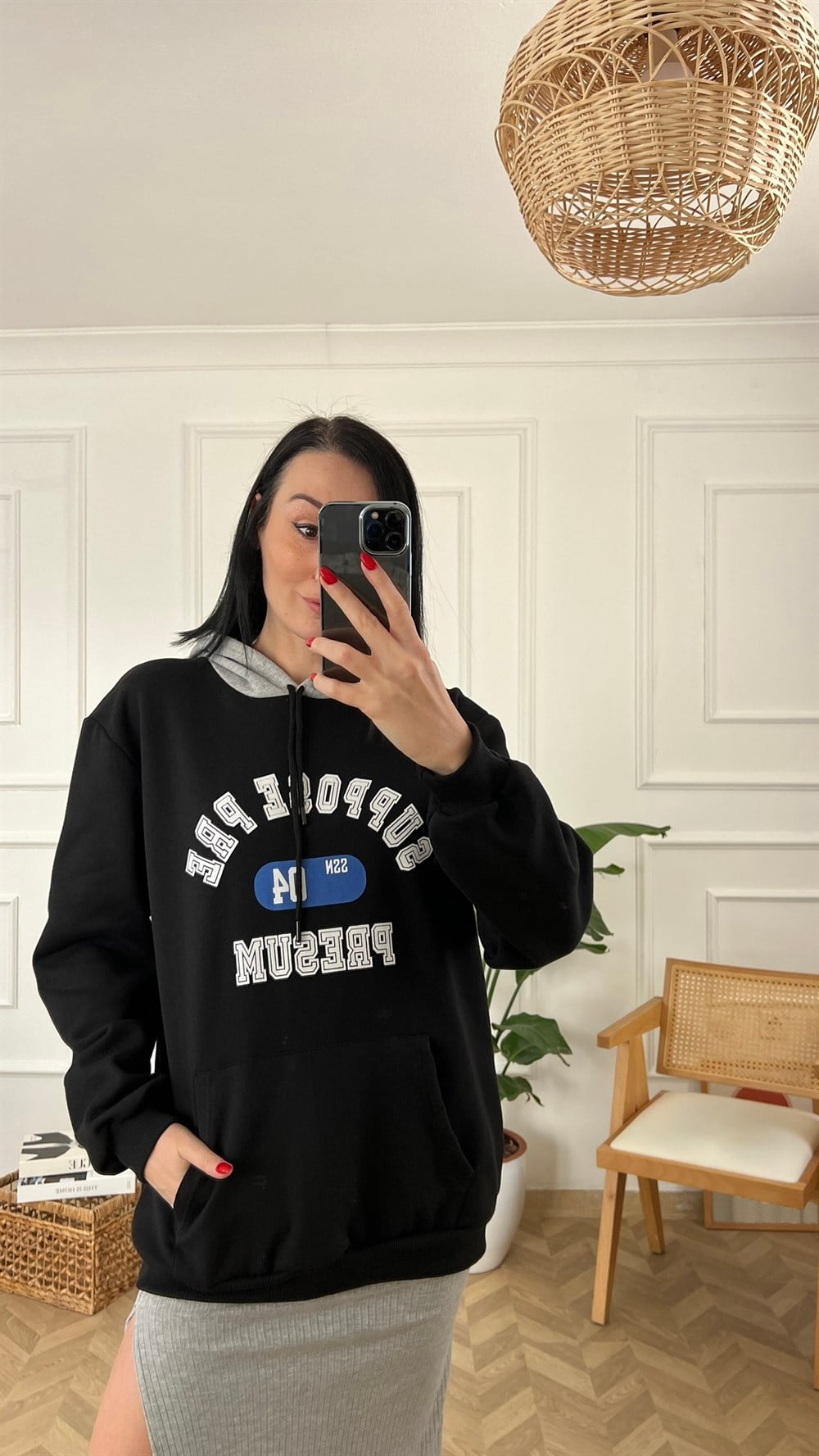 Siyah Gri Kapüşonlu İçi Polarlı Sweat