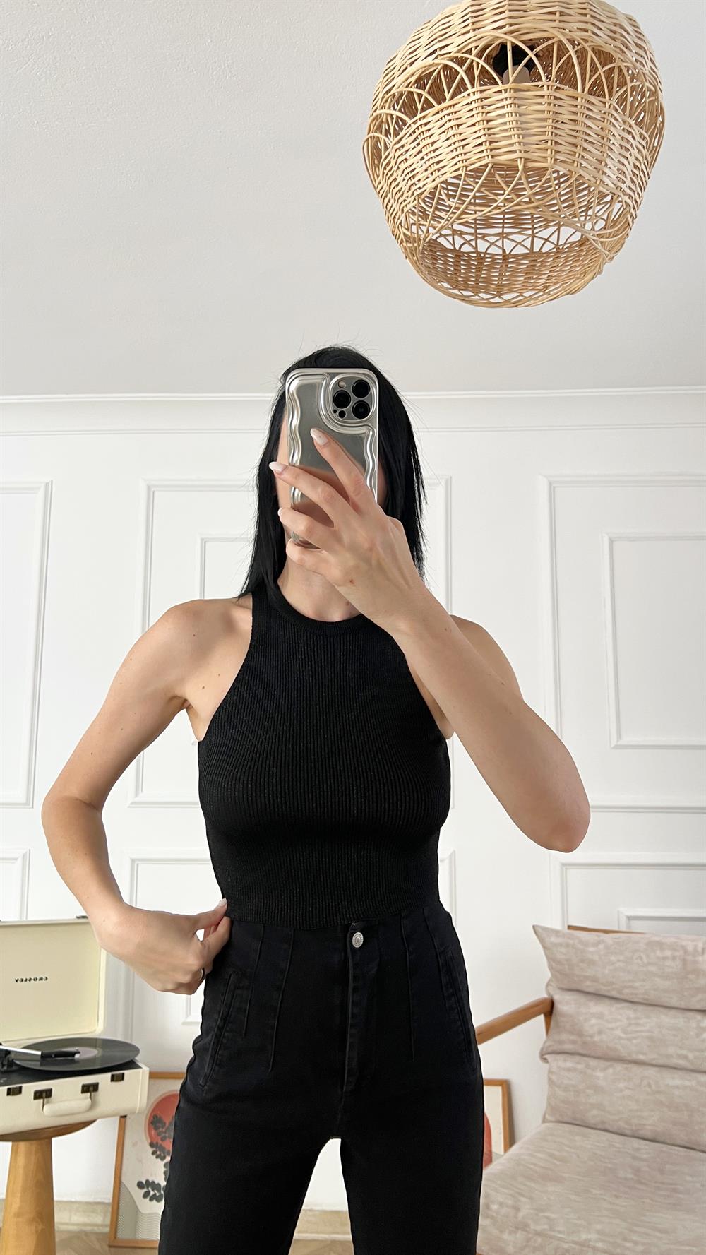 Siyah Likralı Simli Bluz