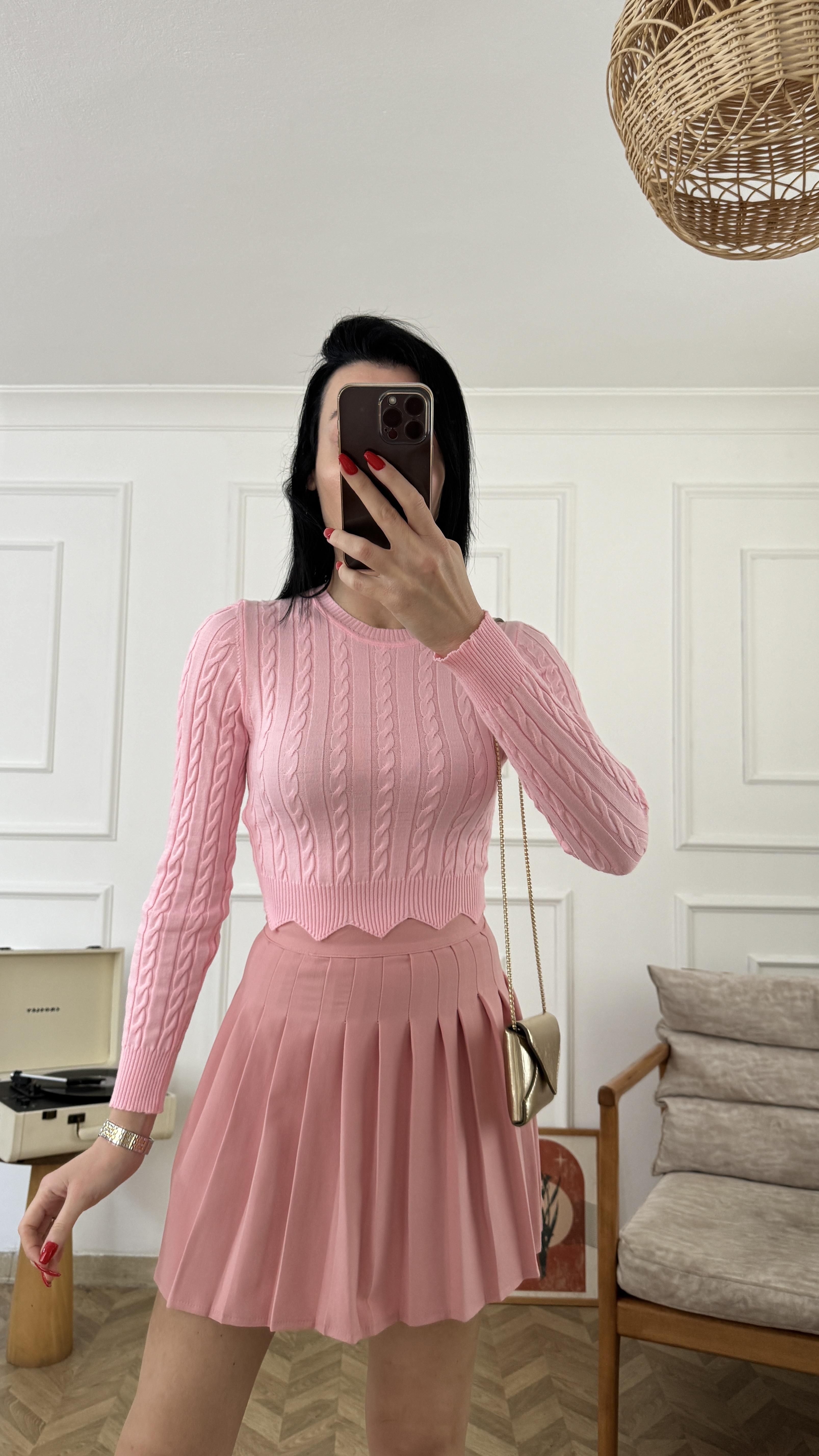 Toz Pembe Örgü Desen Likralı Triko