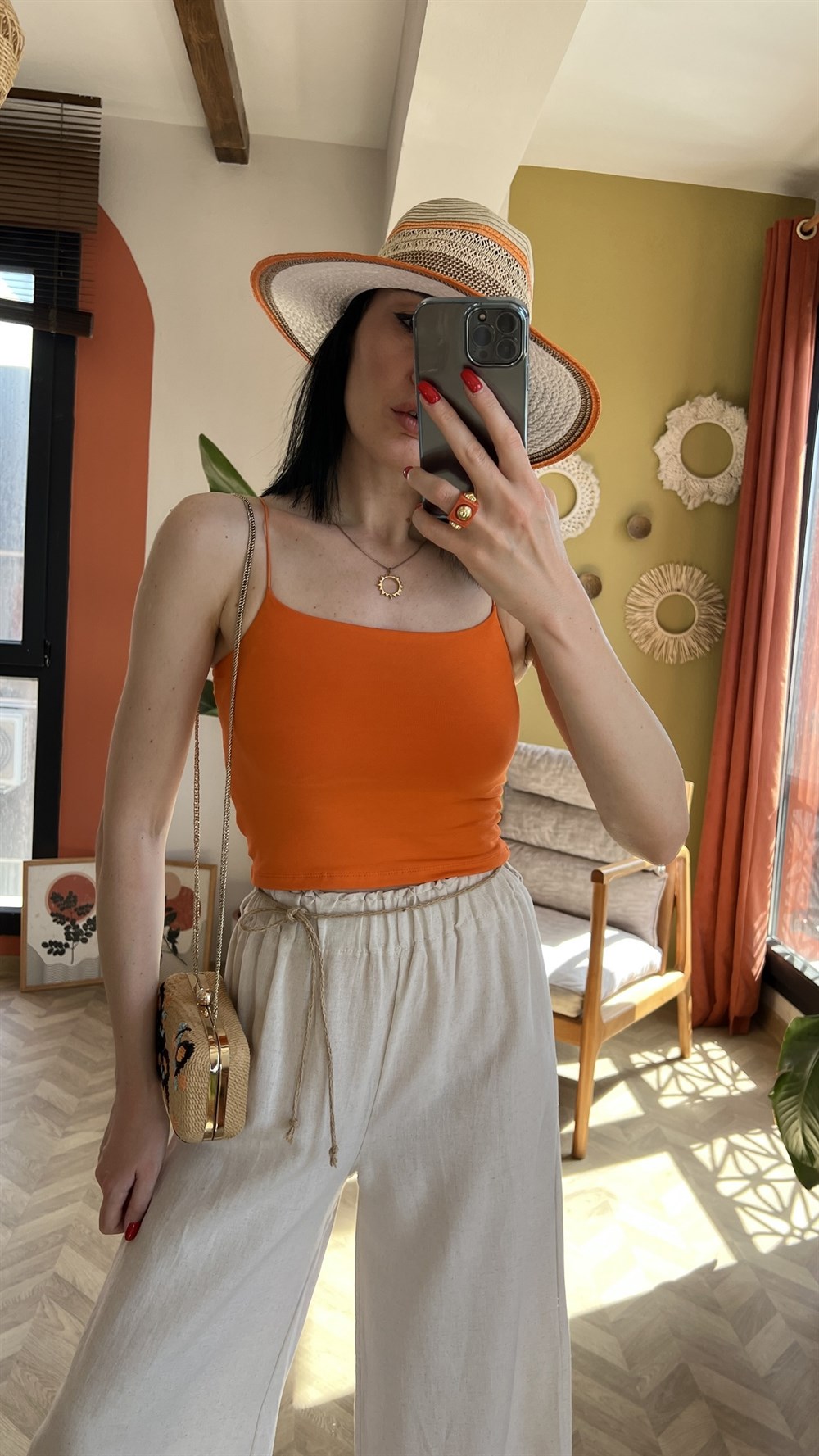 Turuncu İp Askılı Crop