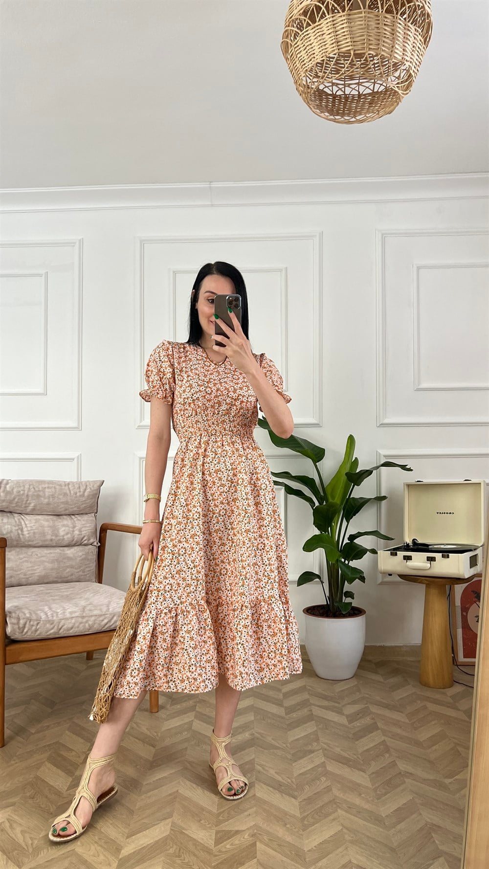 Turuncu Minik Çıtır Desen Poplin Elbise