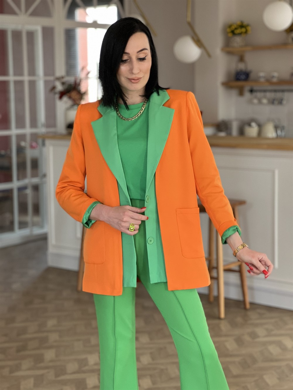 Turuncu Yeşil Renk Blazer Ceket