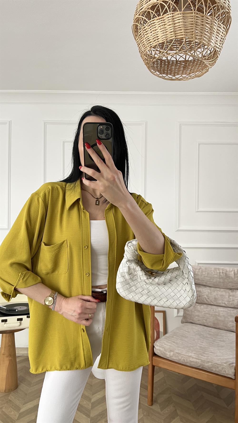 Yağ Yeşili Tensel Kumaş Oversize Gömlek